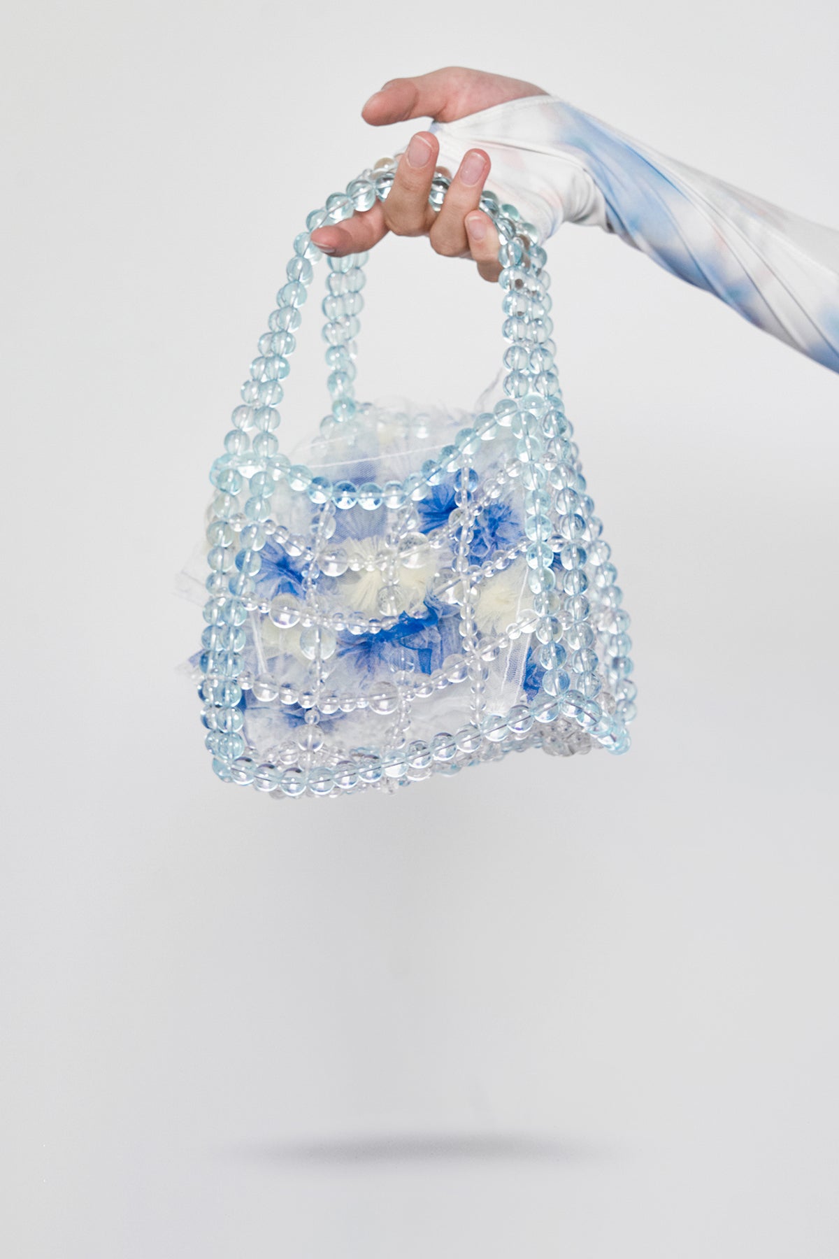 WOMEN GIRL BLUE CLEAR PURSE BEADED BUBBLE FLOWER BASKET HANDBAG