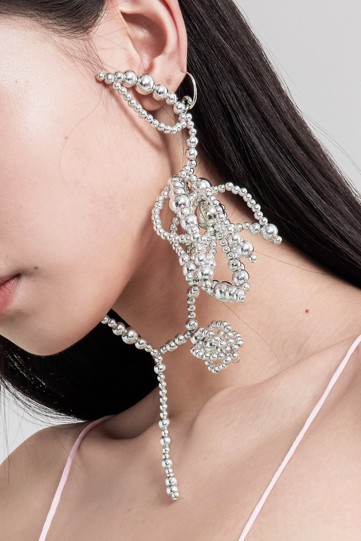 WOMEN GIRL SILVER ACCESSORY EARRING BEADS BUBBLE METALLIC BRANCH