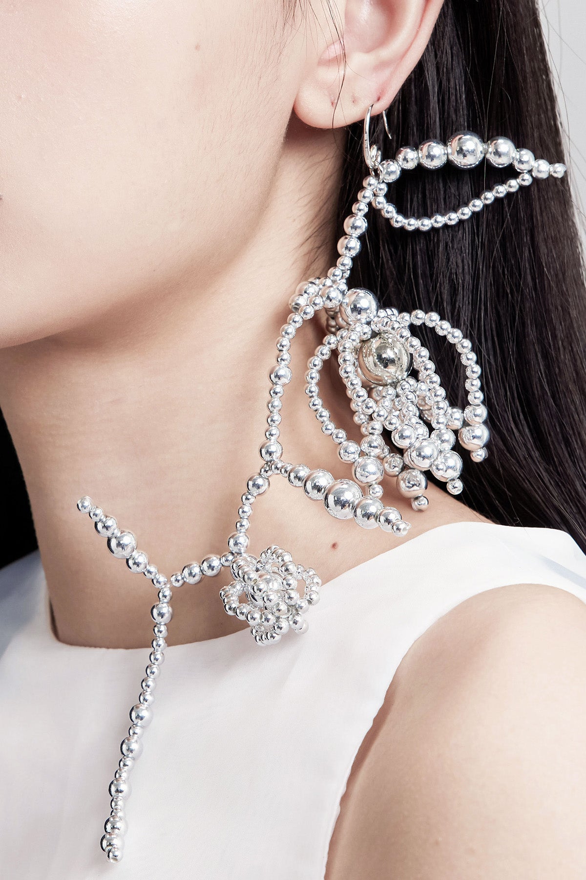 WOMEN GIRL SILVER ACCESSORY EARRING BEADS BUBBLE METALLIC BRANCH