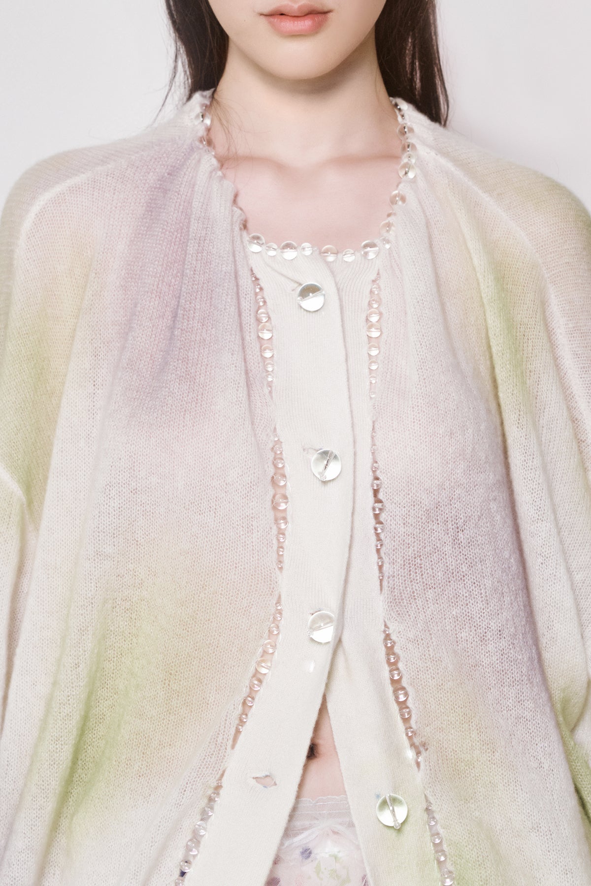 WOMEN GIRL LONG SLEEVE PASTEL WHITE BUBBLE PLACKET OVERSIZED CARDIGAN