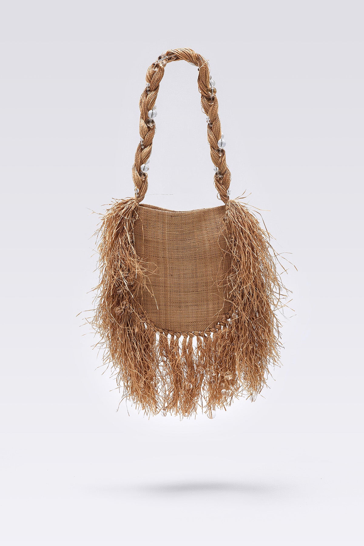 WOMEN GIRL CLEAR BEADS BROWN ACCESSORY PURSE SHOULDER BUBBLE RAFFIA TASSLE