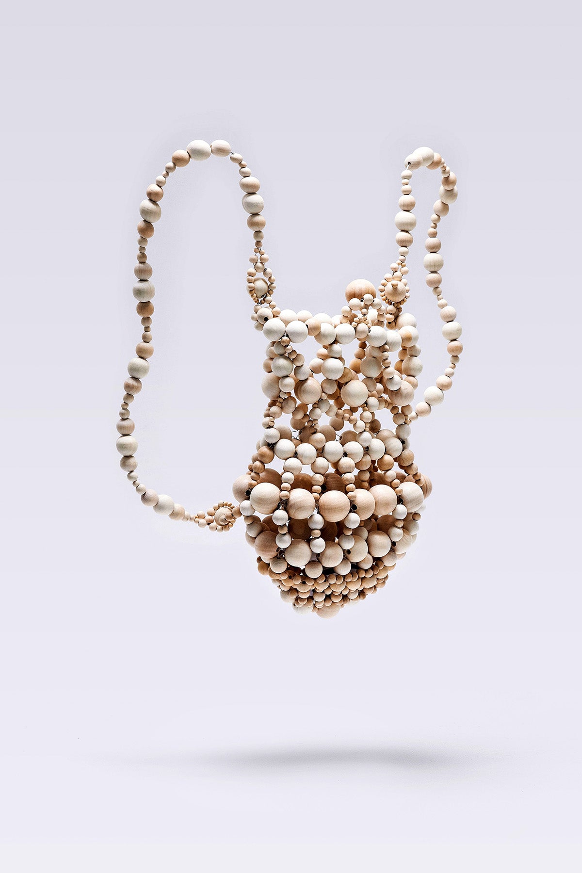 WOMEN GIRL WHITE BEIGE BEADS BROWN ACCESSORY PURSE BUBBLE WOOD BACKPACK 