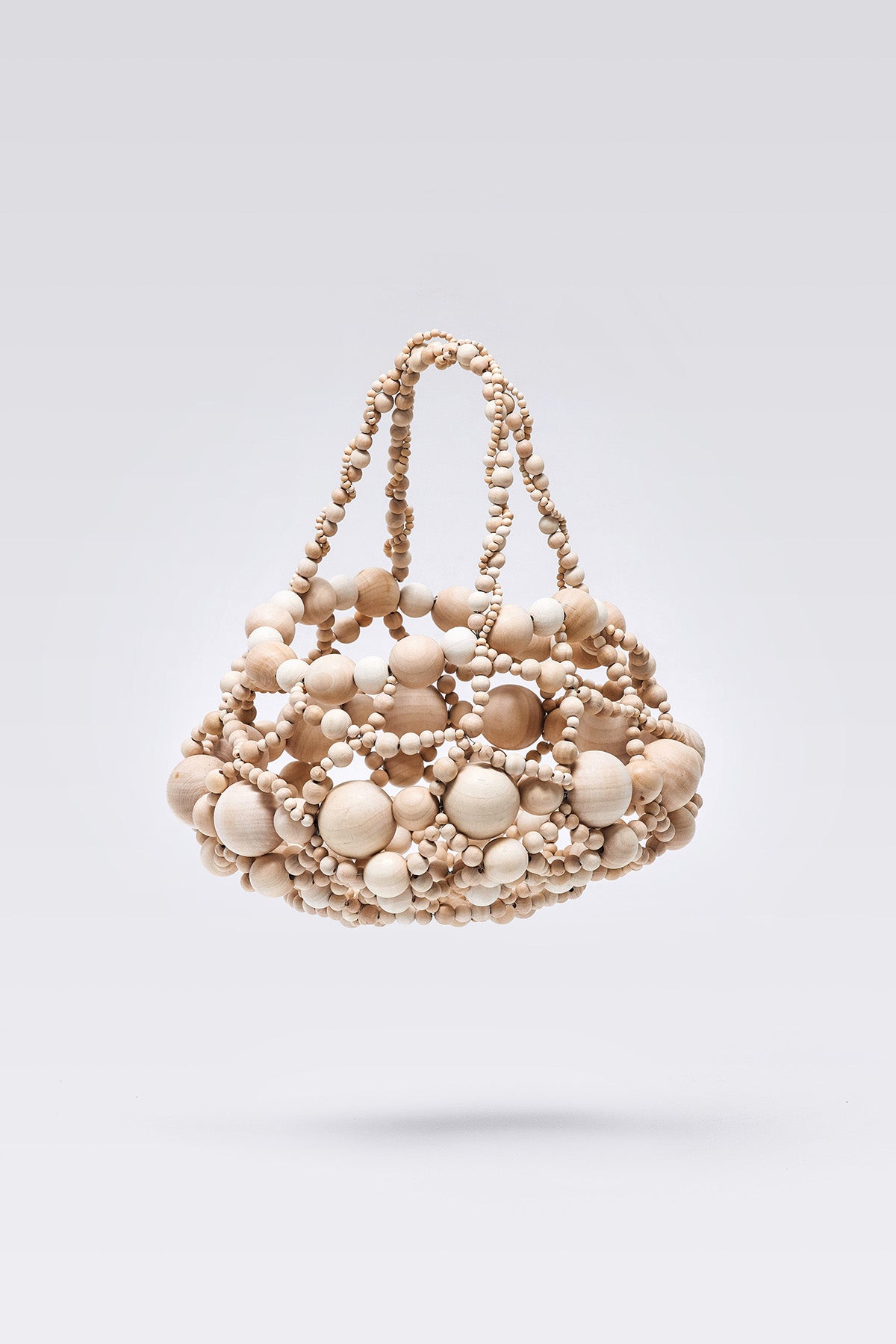 WOMEN GIRL BROWN BEIGE BEADS BROWN ACCESSORY PURSE SHOULDER BUBBLE WOOD BASKET
