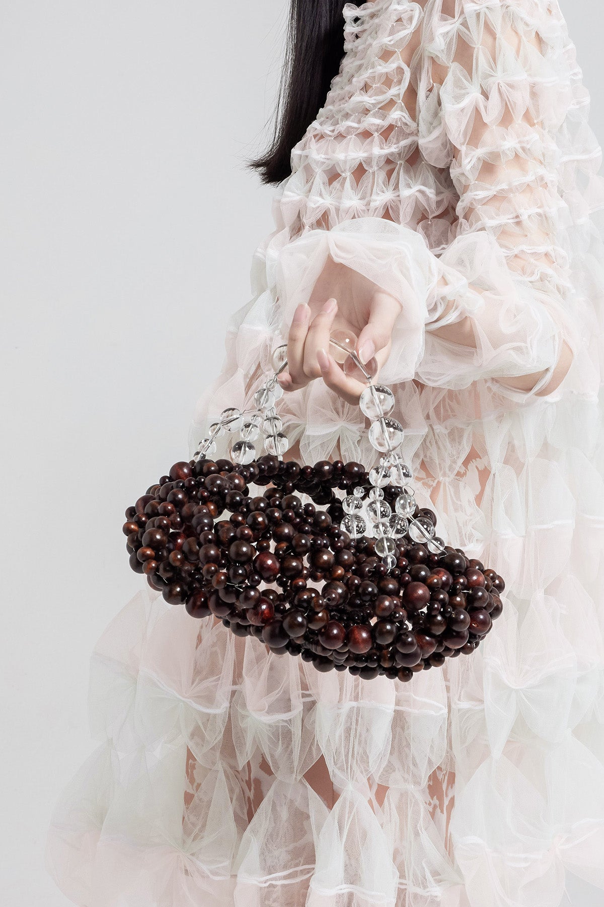 WOMEN GIRL BEADS BROWN ACCESSORY PURSE SHOULDER BUBBLE WOOD OVAL BAG