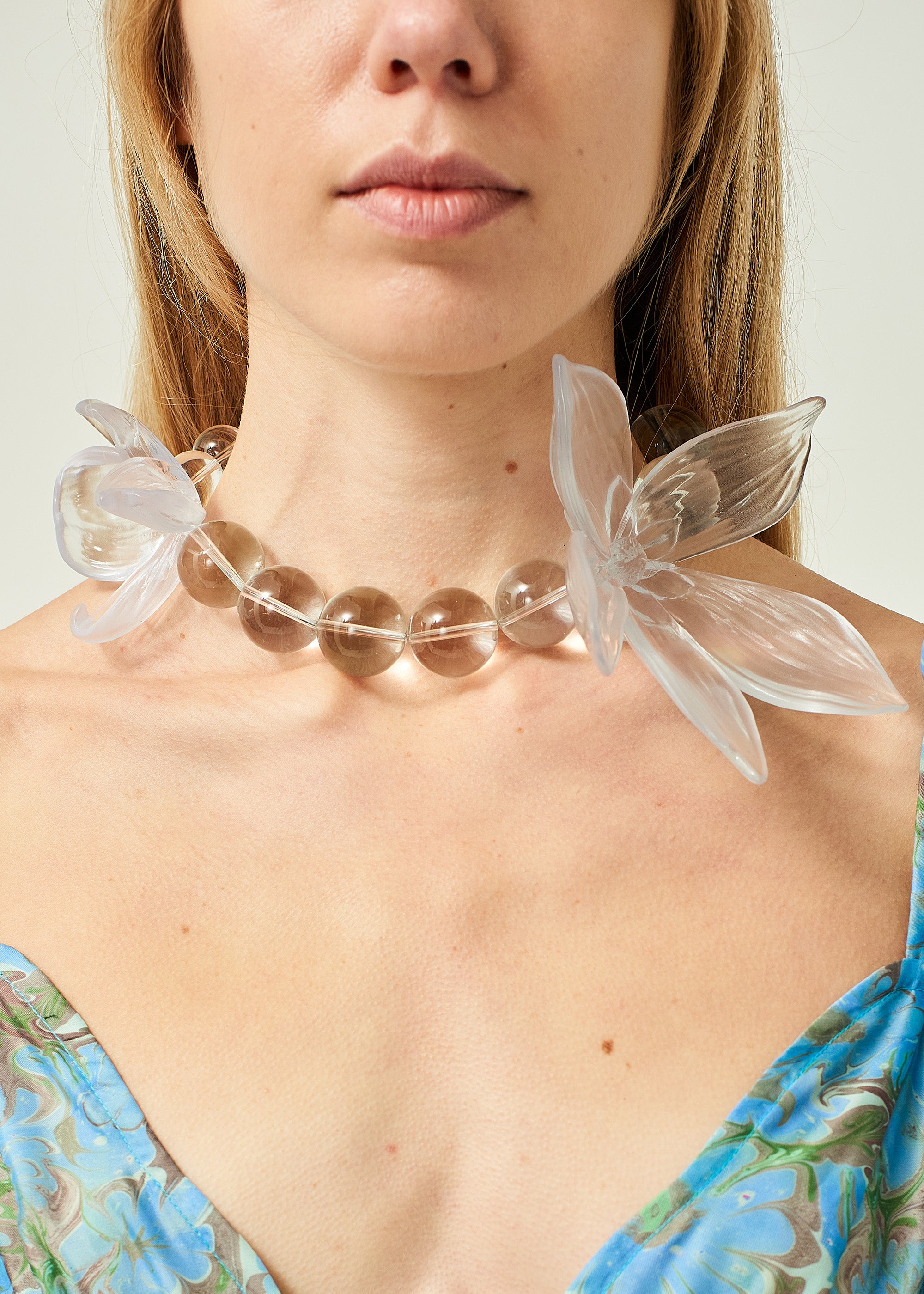 WOMEN GIRL 3D PRINTED DOUBLED FLOWER PETAL BEADED CHAIN CHOKER NECKLACE 