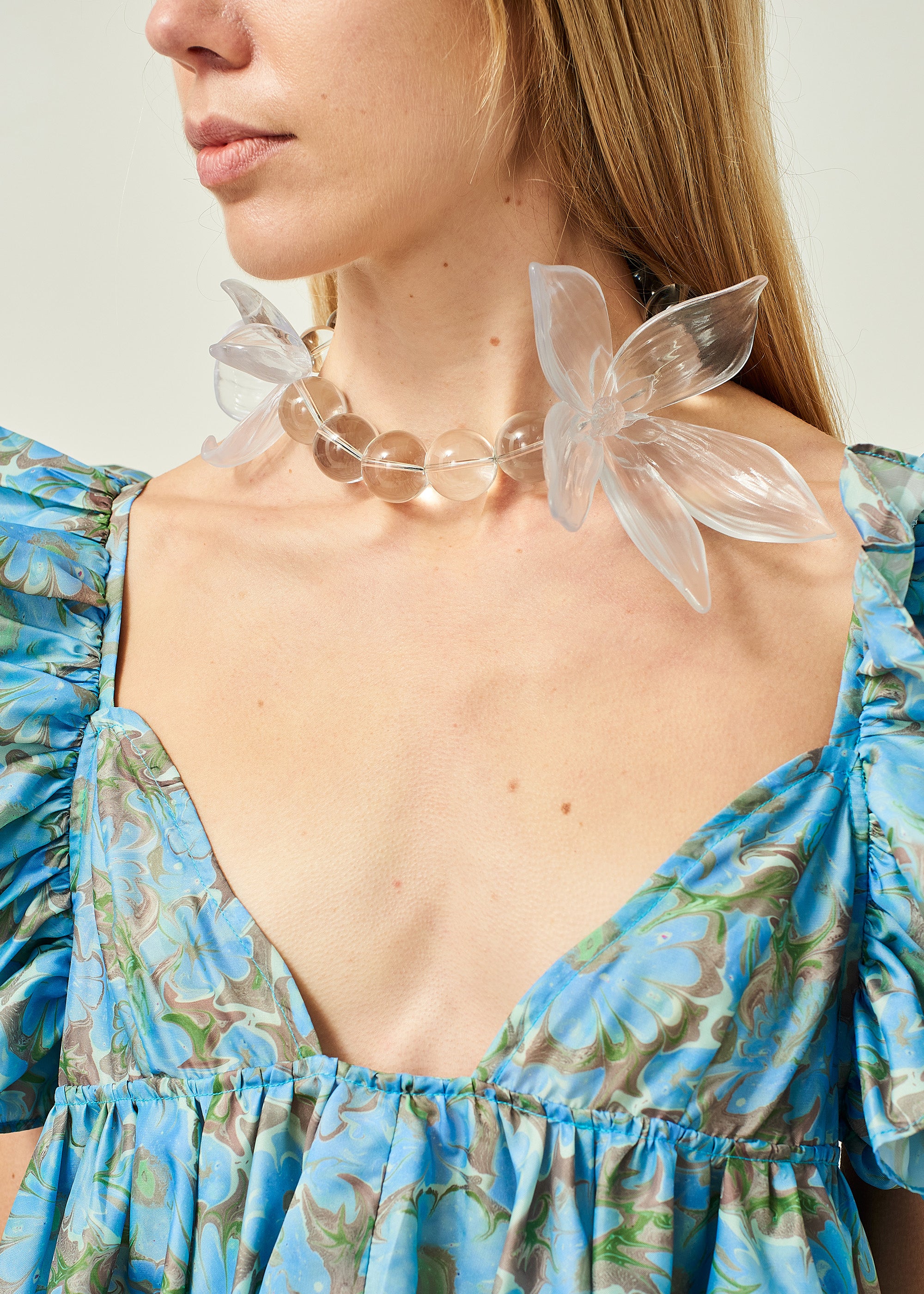 WOMEN GIRL 3D PRINTED DOUBLED FLOWER PETAL BEADED CHAIN CHOKER NECKLACE 