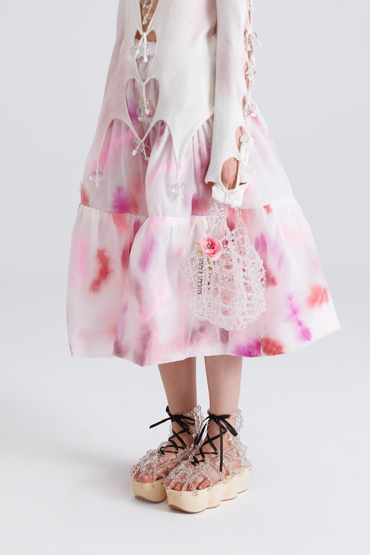 WOMEN GIRL PINK WHITE RED MIDI FEATHER A LINE SKIRT