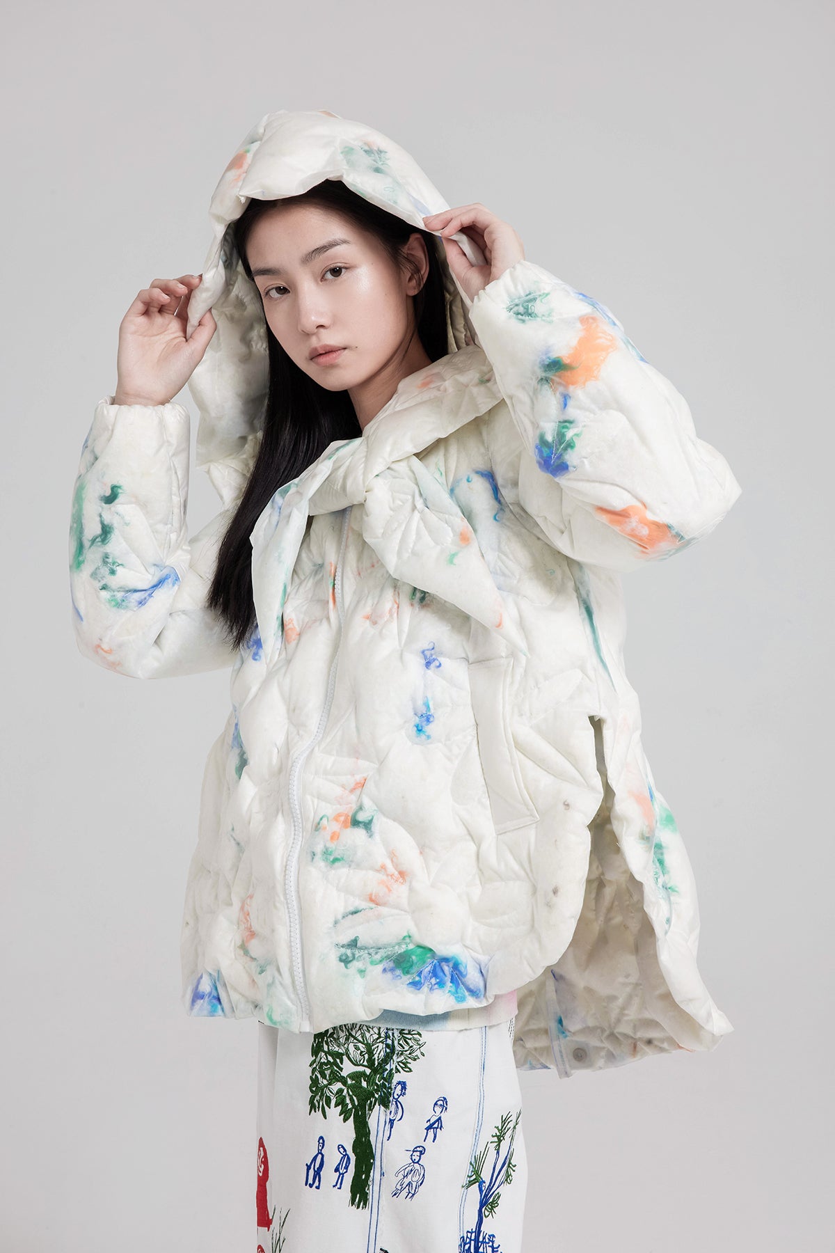 WOMEN GIRL WHITE LONG SLEEVE COLLAR HOOD STYLE FEATHER HOODED PUFFER COAT