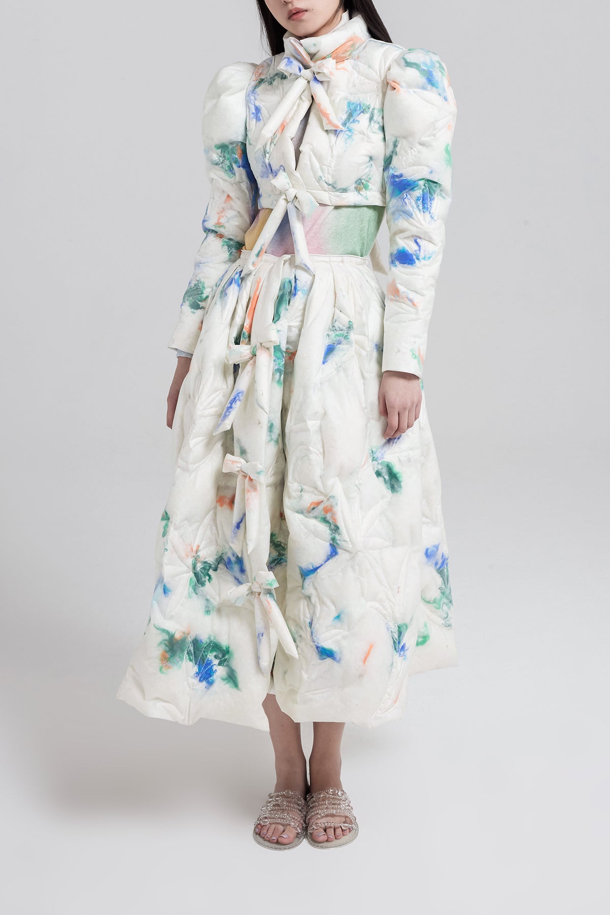 WOMEN GIRL MAXI WHITE LONG BOW RIBBON FEATHER PUFFER SKIRT