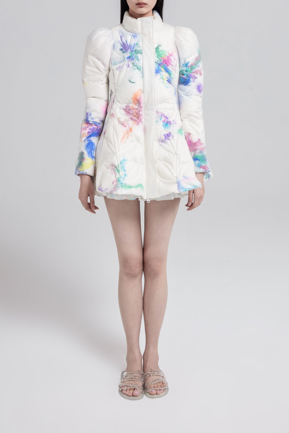 WOMEN GIRL LONG SLEEVE WHITE STYLE FEATHER SLIM FIT AND FLARE PUFFER JACKET