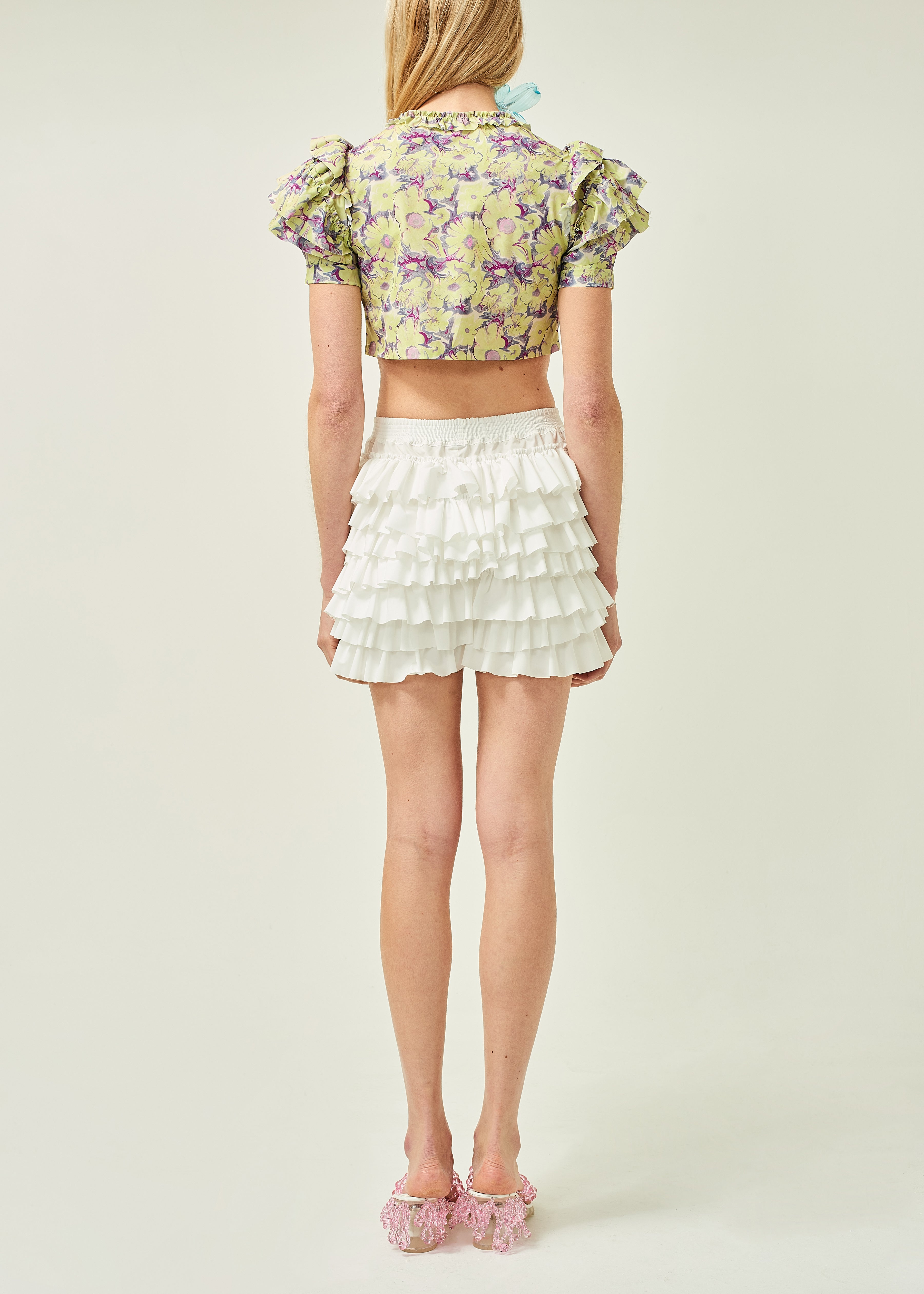 WOMEN CROP STYLE GREEN SLEEVE FLORAL PRINTED RUFFLE TOP