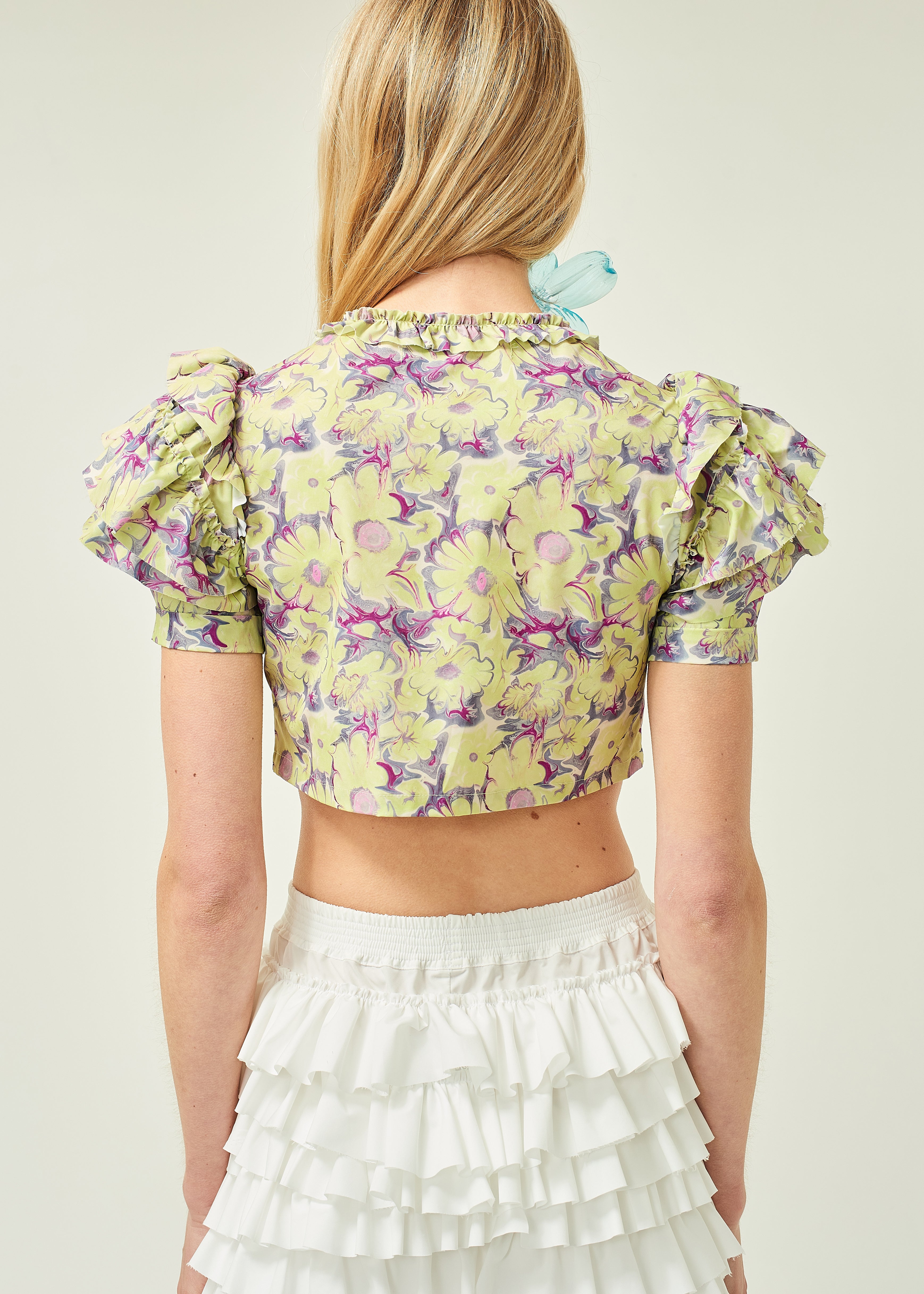 WOMEN CROP STYLE GREEN SLEEVE FLORAL PRINTED RUFFLE TOP