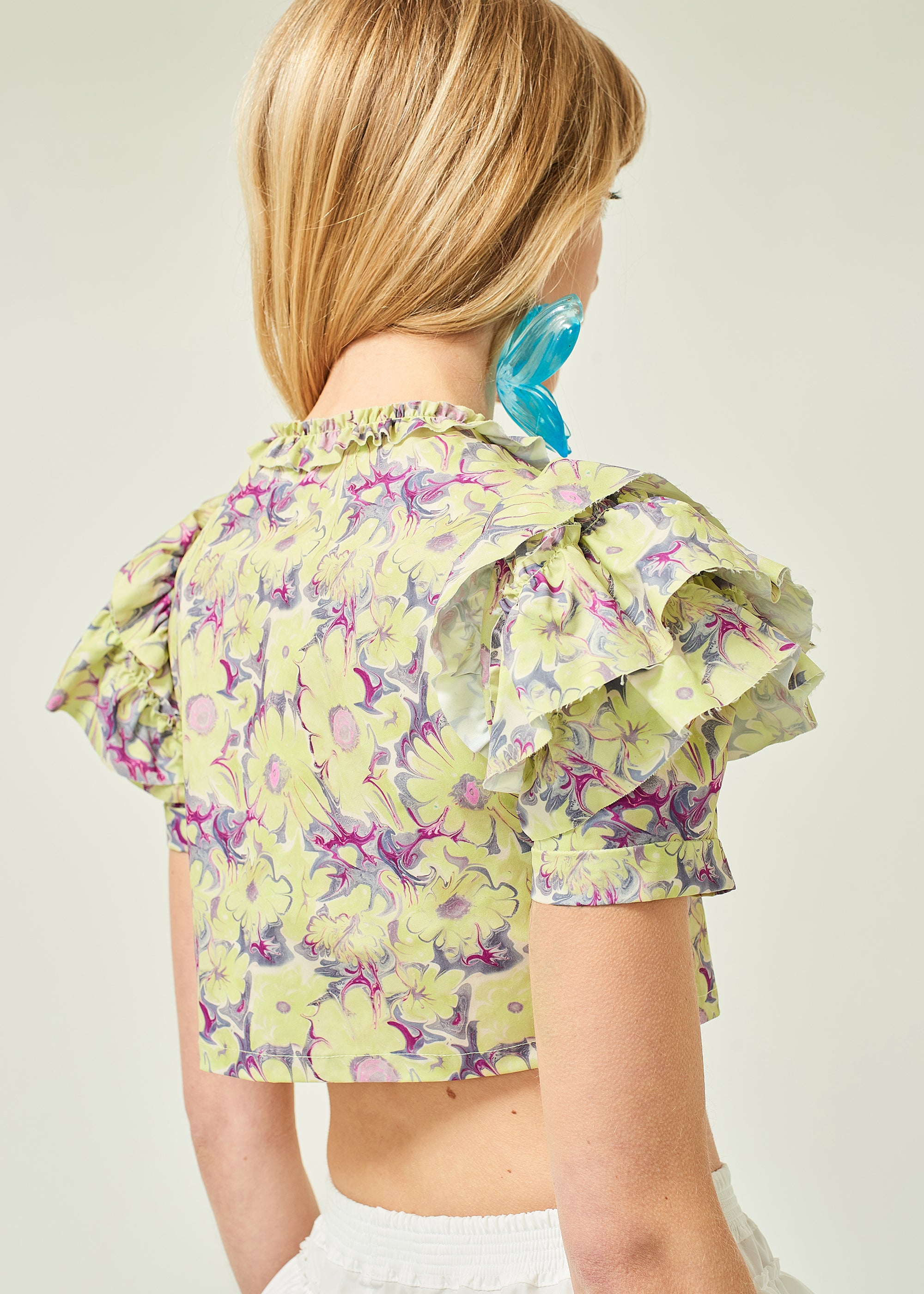 WOMEN CROP STYLE GREEN SLEEVE FLORAL PRINTED RUFFLE TOP