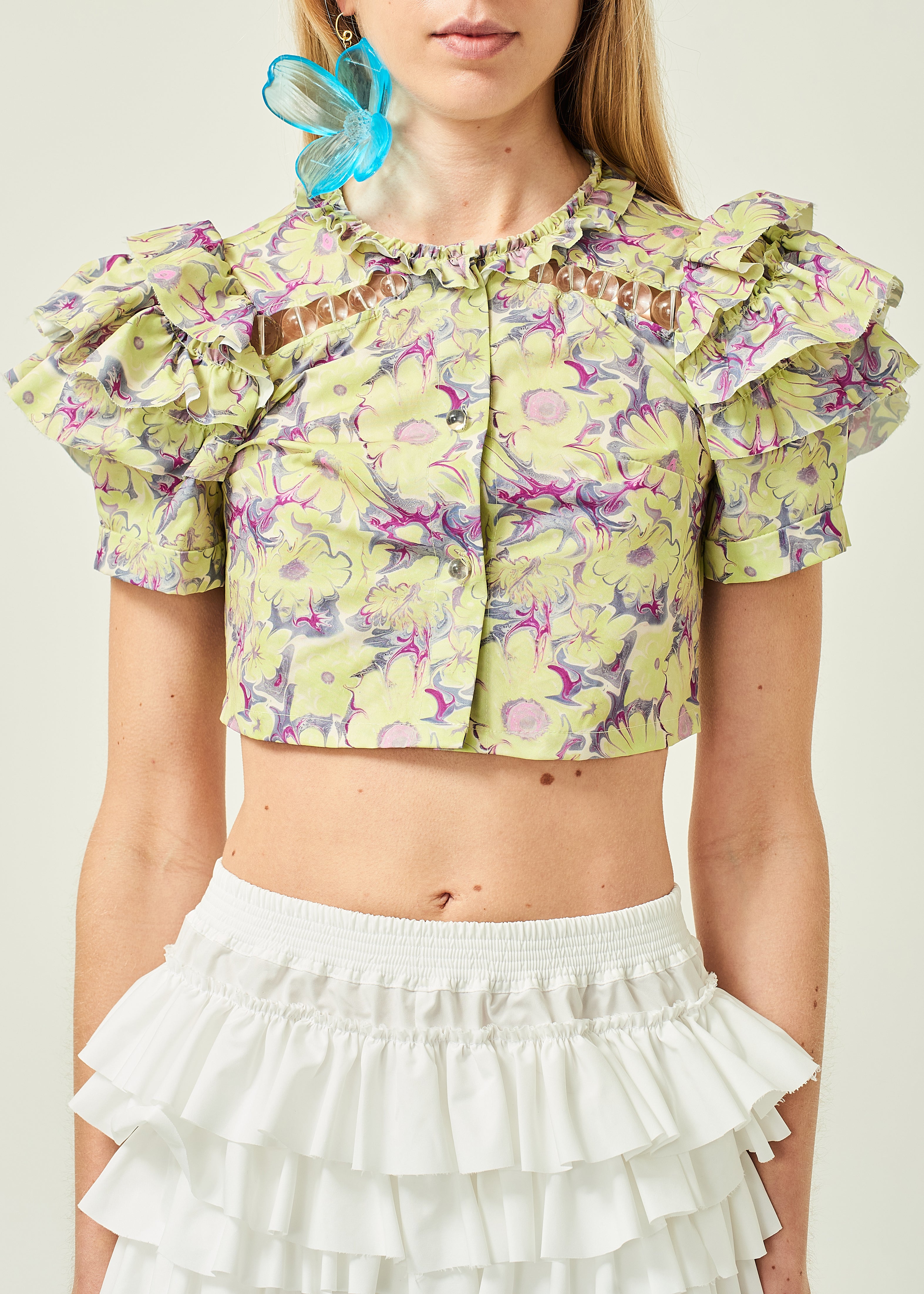 WOMEN CROP STYLE GREEN SLEEVE FLORAL PRINTED RUFFLE TOP