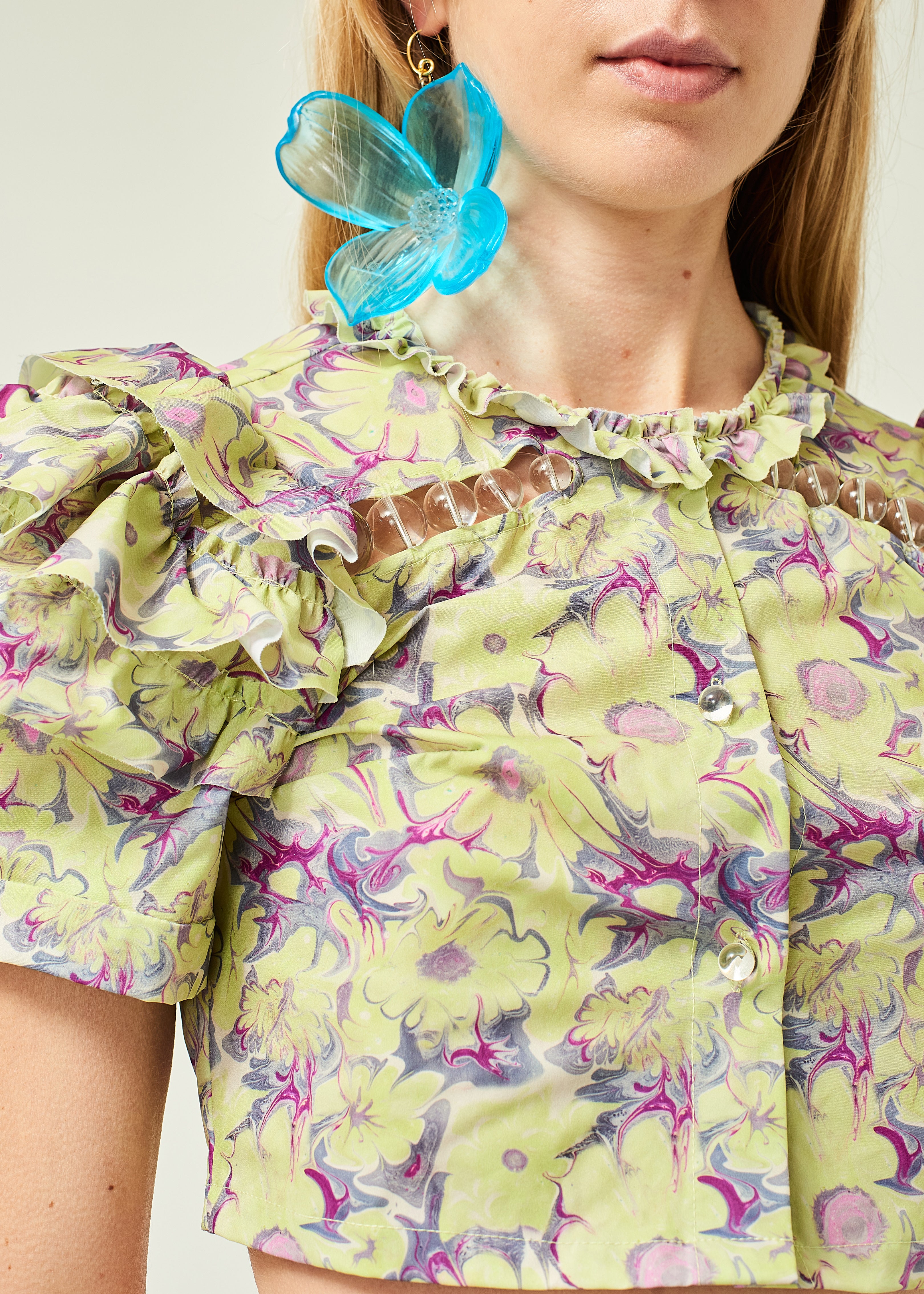 WOMEN CROP STYLE GREEN SLEEVE FLORAL PRINTED RUFFLE TOP