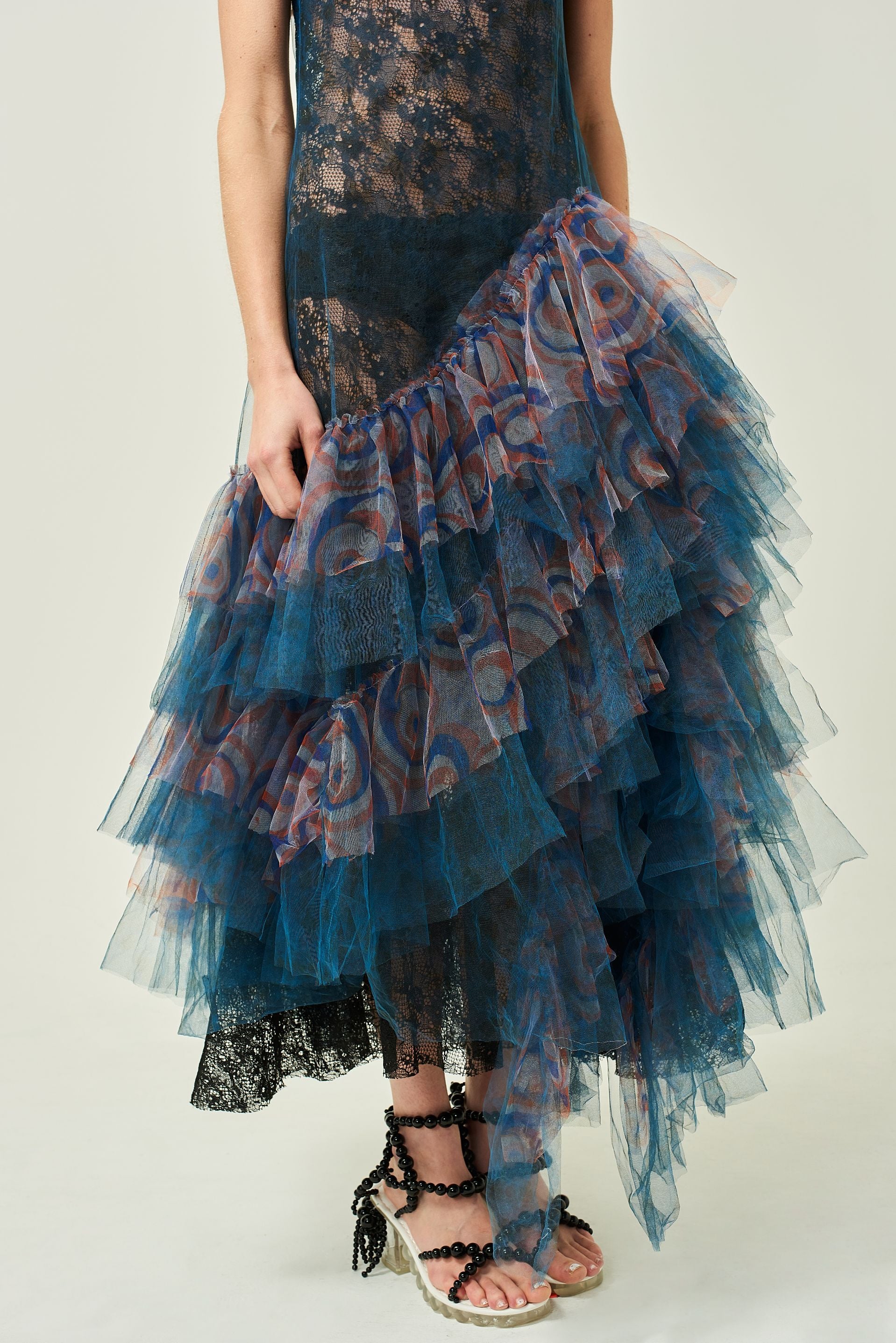 WOMEN HIGHNECK SLEEVELESS BLUE FRILLED LACE EVENING DRESS