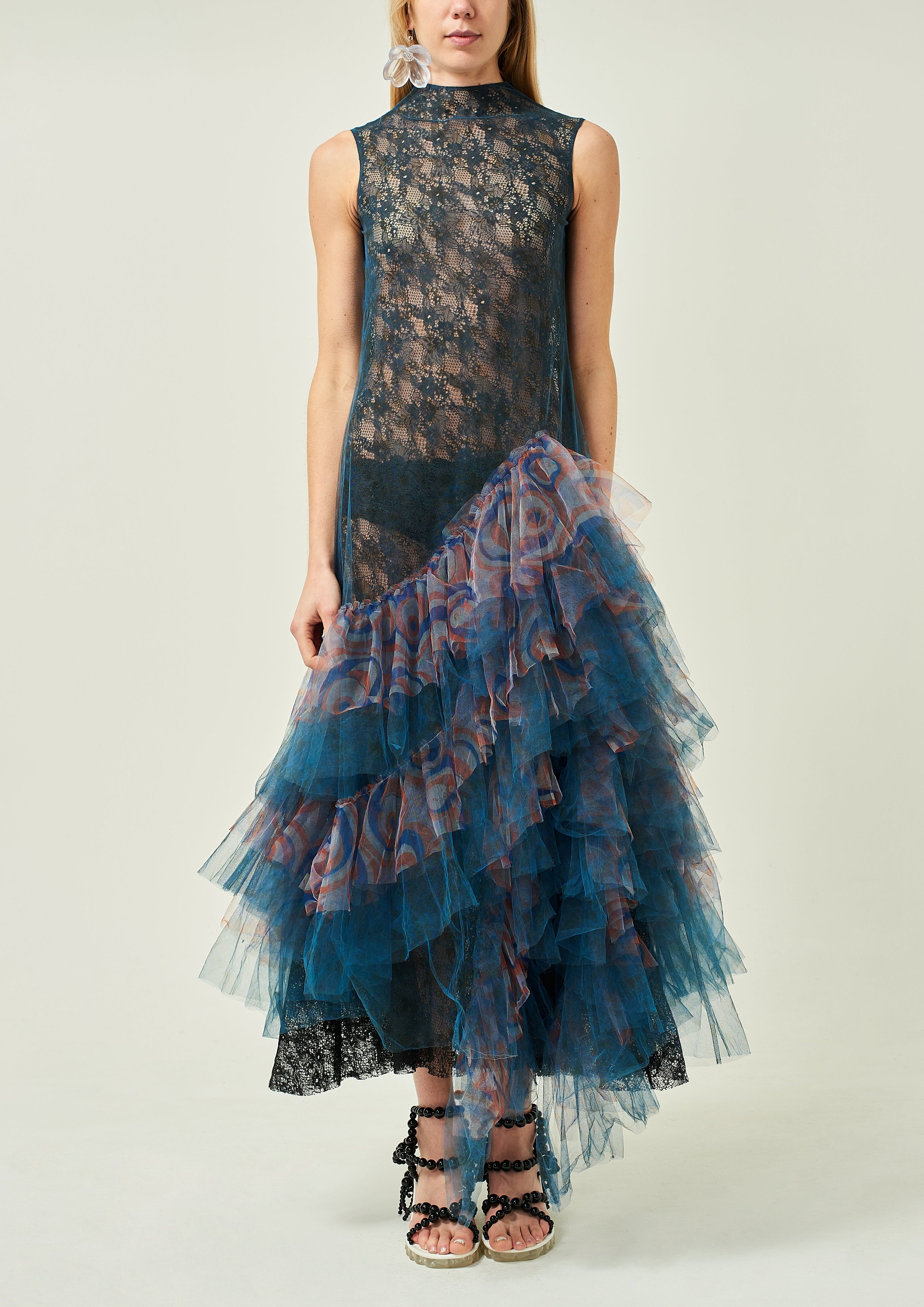 WOMEN HIGHNECK SLEEVELESS BLUE FRILLED LACE EVENING DRESS