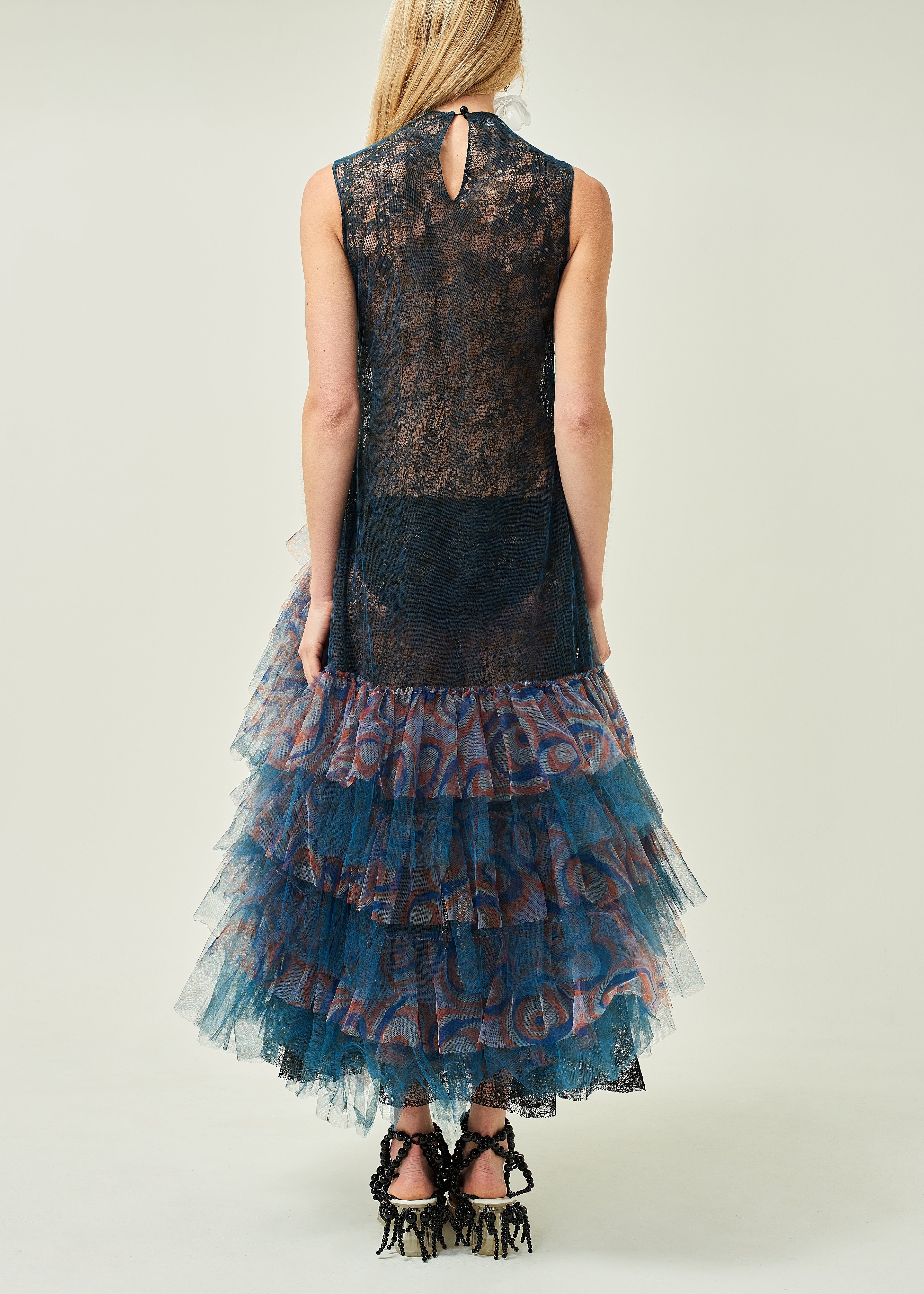 WOMEN HIGHNECK SLEEVELESS NAVY FRILLED LACE EVENING DRESS