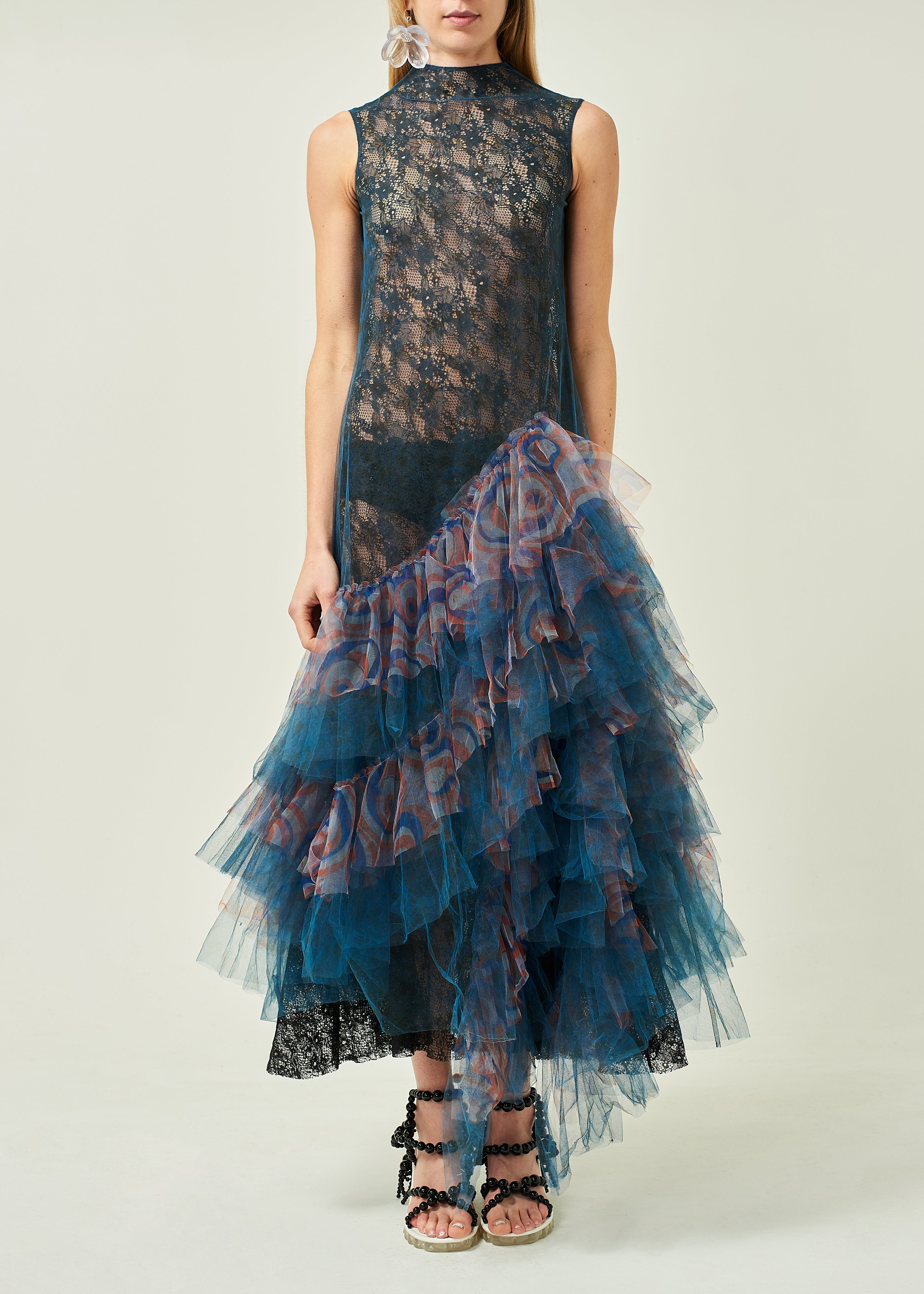 WOMEN HIGHNECK SLEEVELESS NAVY FRILLED LACE EVENING DRESS