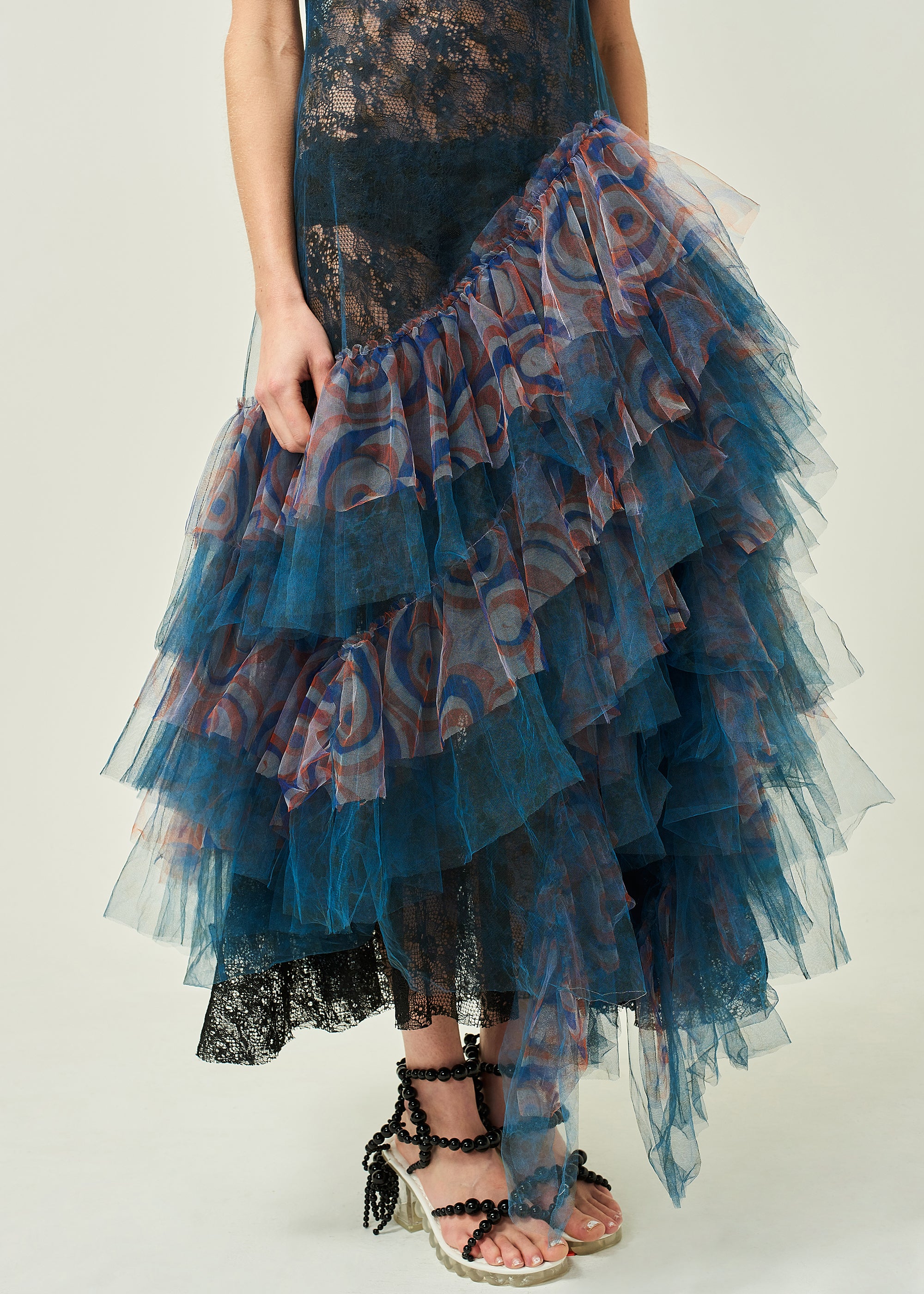 WOMEN HIGHNECK SLEEVELESS NAVY FRILLED LACE EVENING DRESS