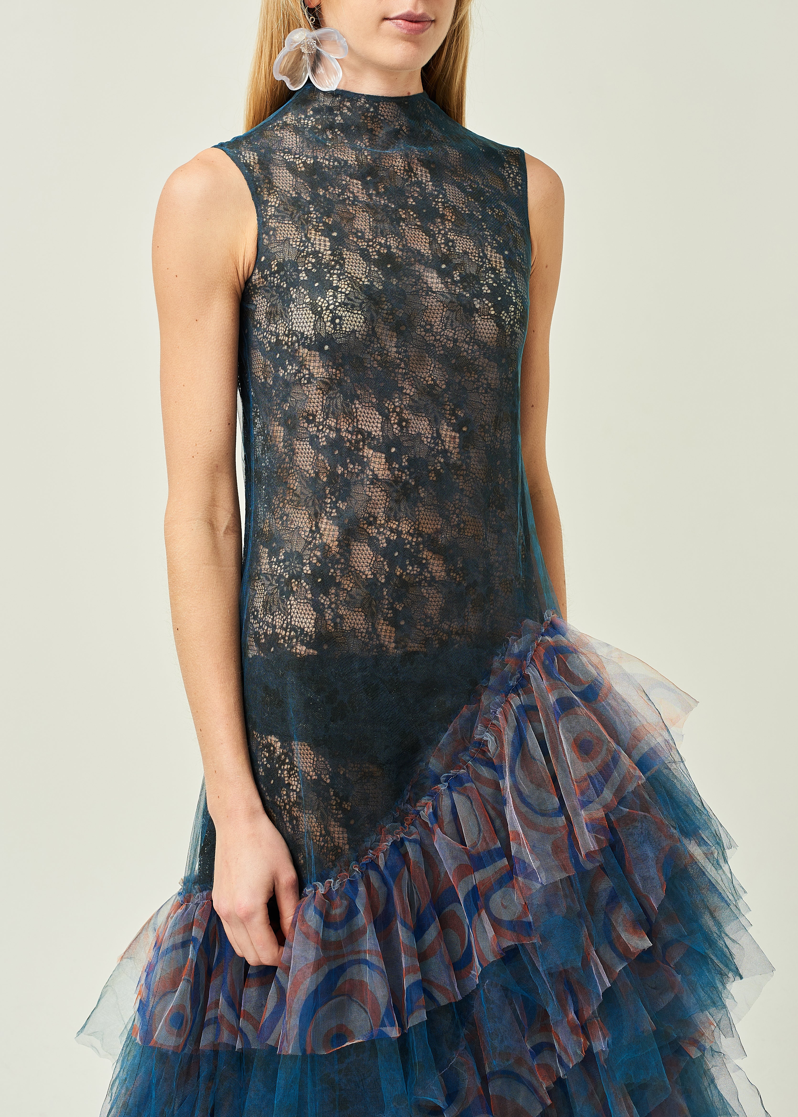 WOMEN HIGHNECK SLEEVELESS NAVY FRILLED LACE EVENING DRESS