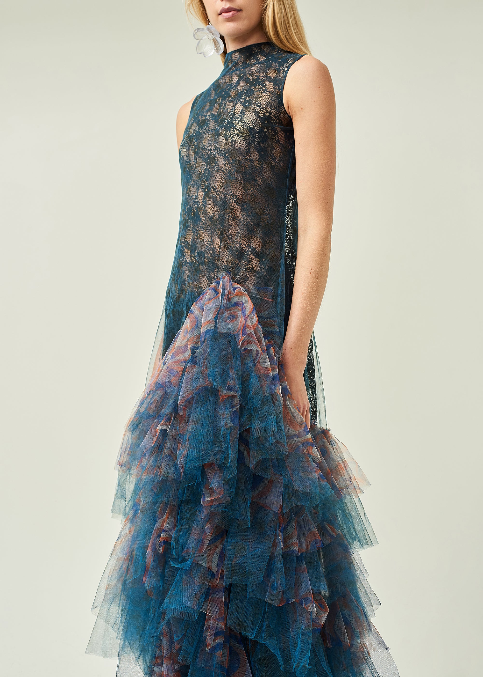 WOMEN HIGHNECK SLEEVELESS NAVY FRILLED LACE EVENING DRESS