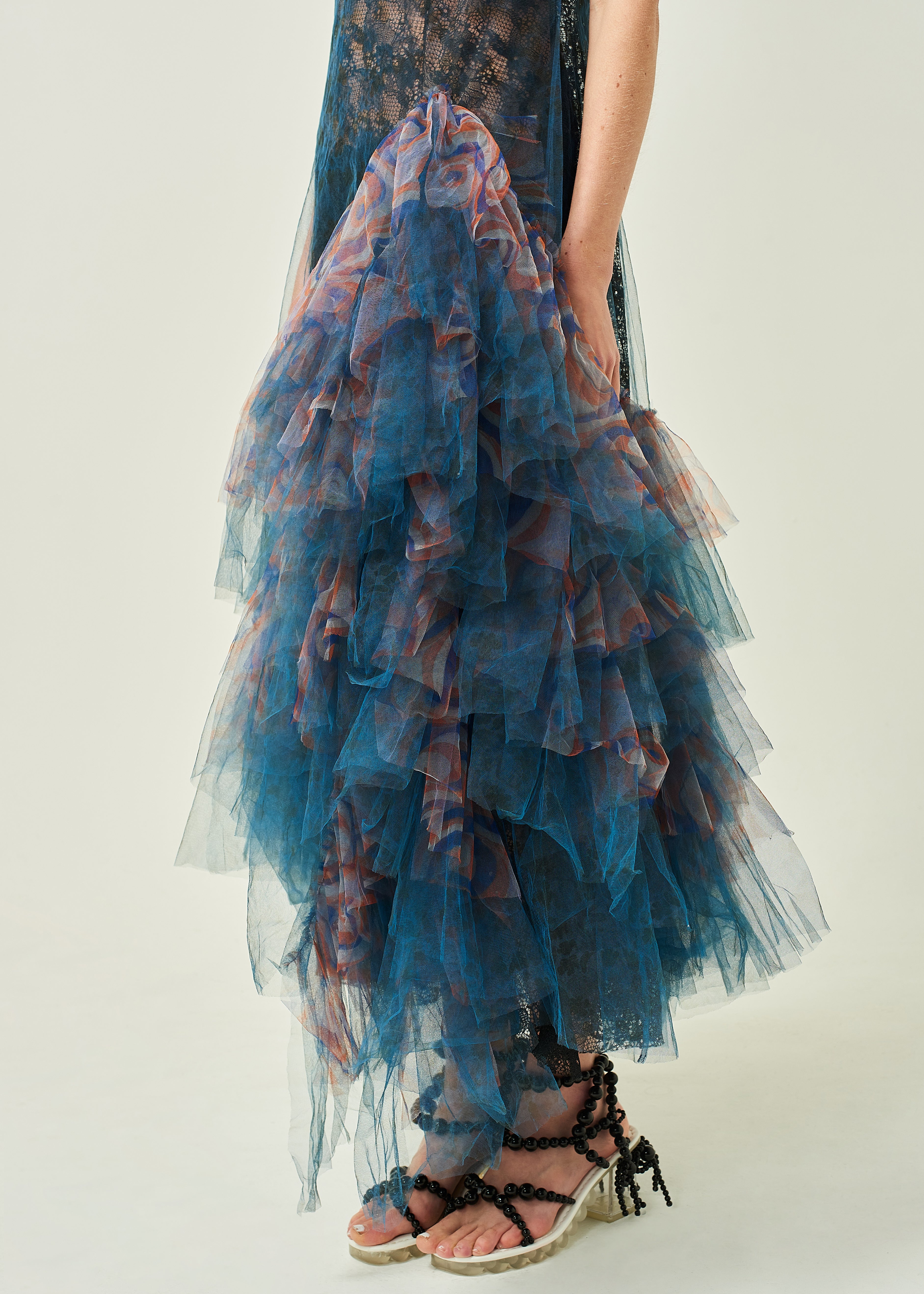 WOMEN HIGHNECK SLEEVELESS NAVY FRILLED LACE EVENING DRESS