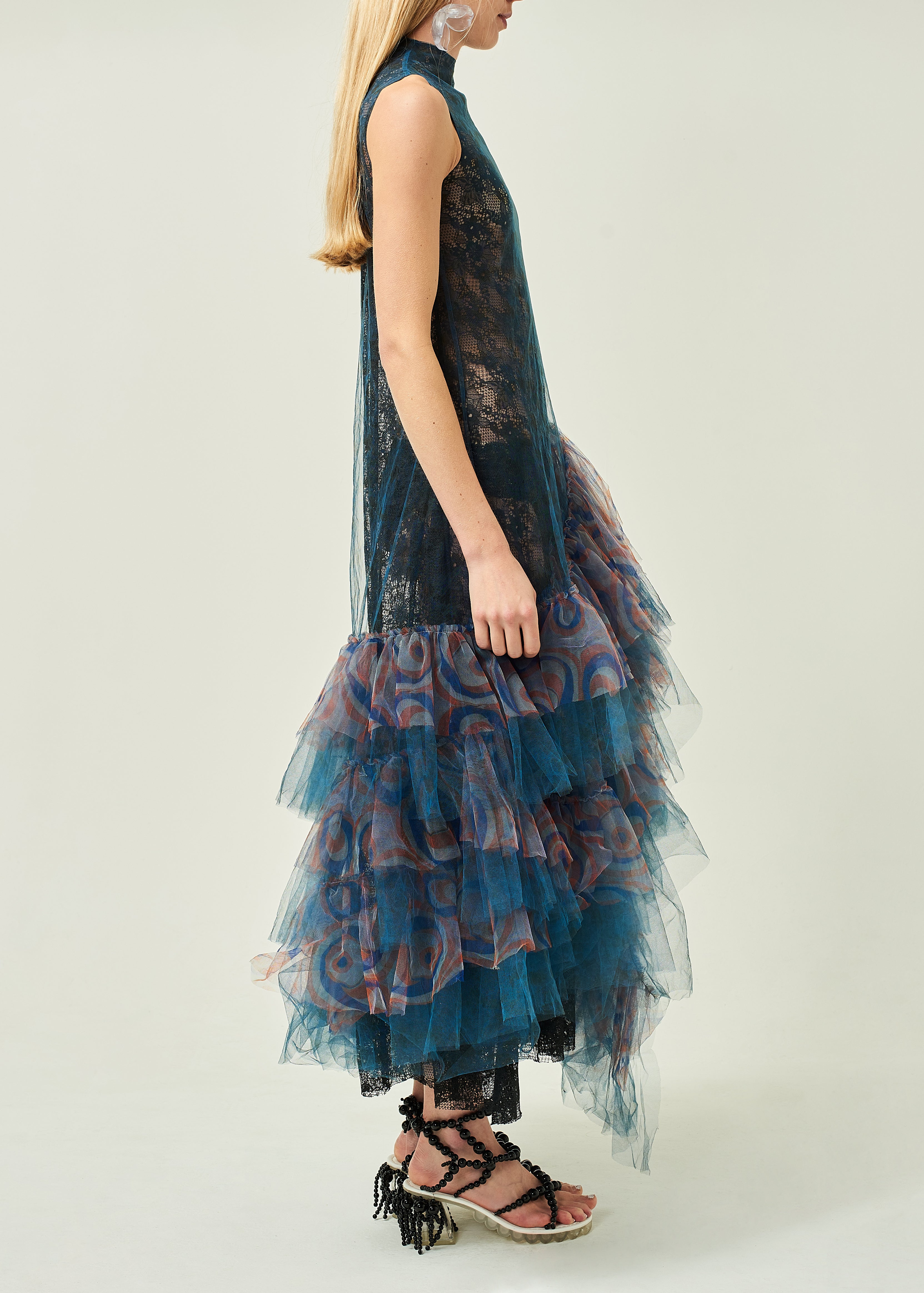 WOMEN HIGHNECK SLEEVELESS NAVY FRILLED LACE EVENING DRESS