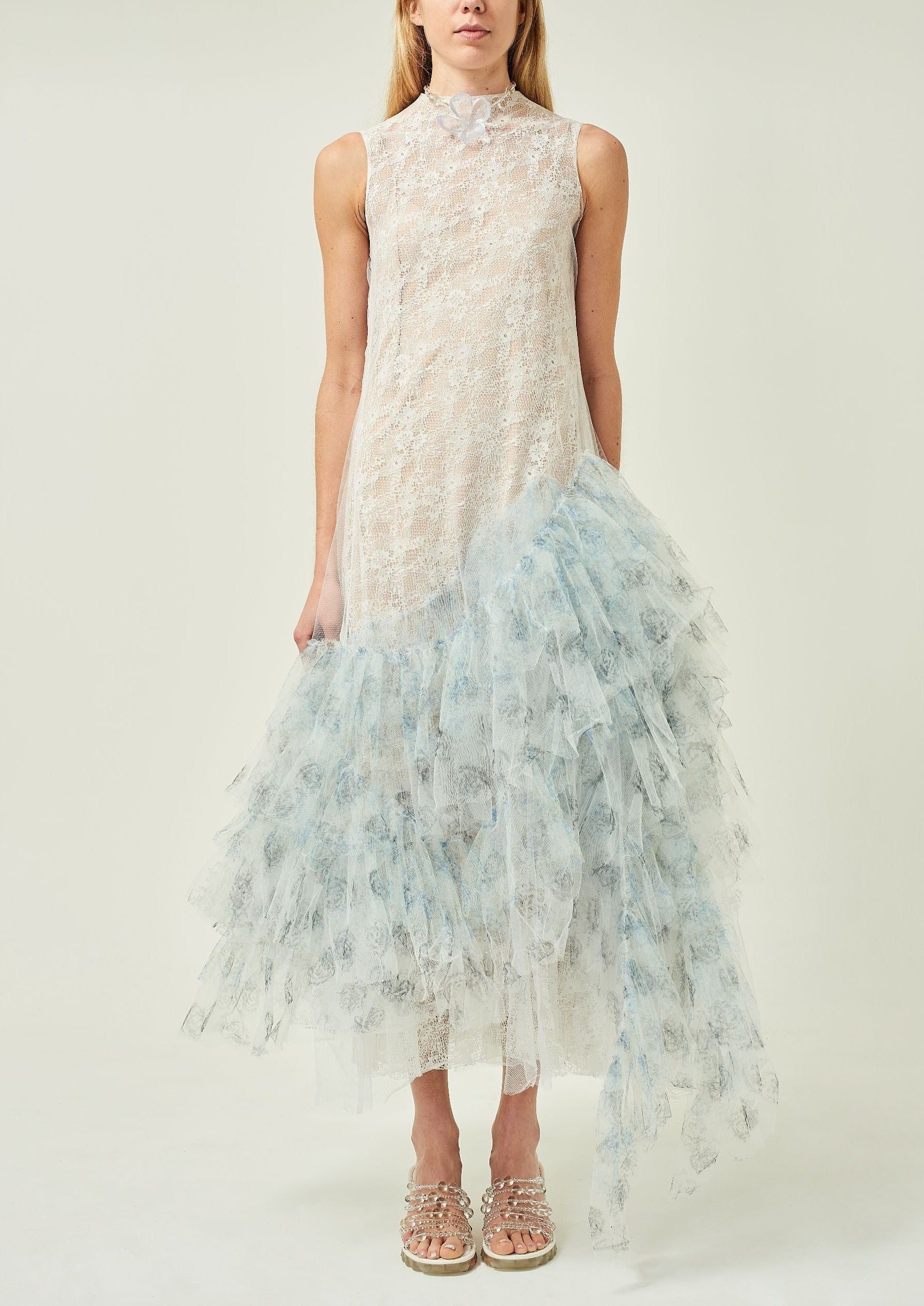 WOMEN HIGHNECK SLEEVELESS WHITE FRILLED LACE EVENING DRESS