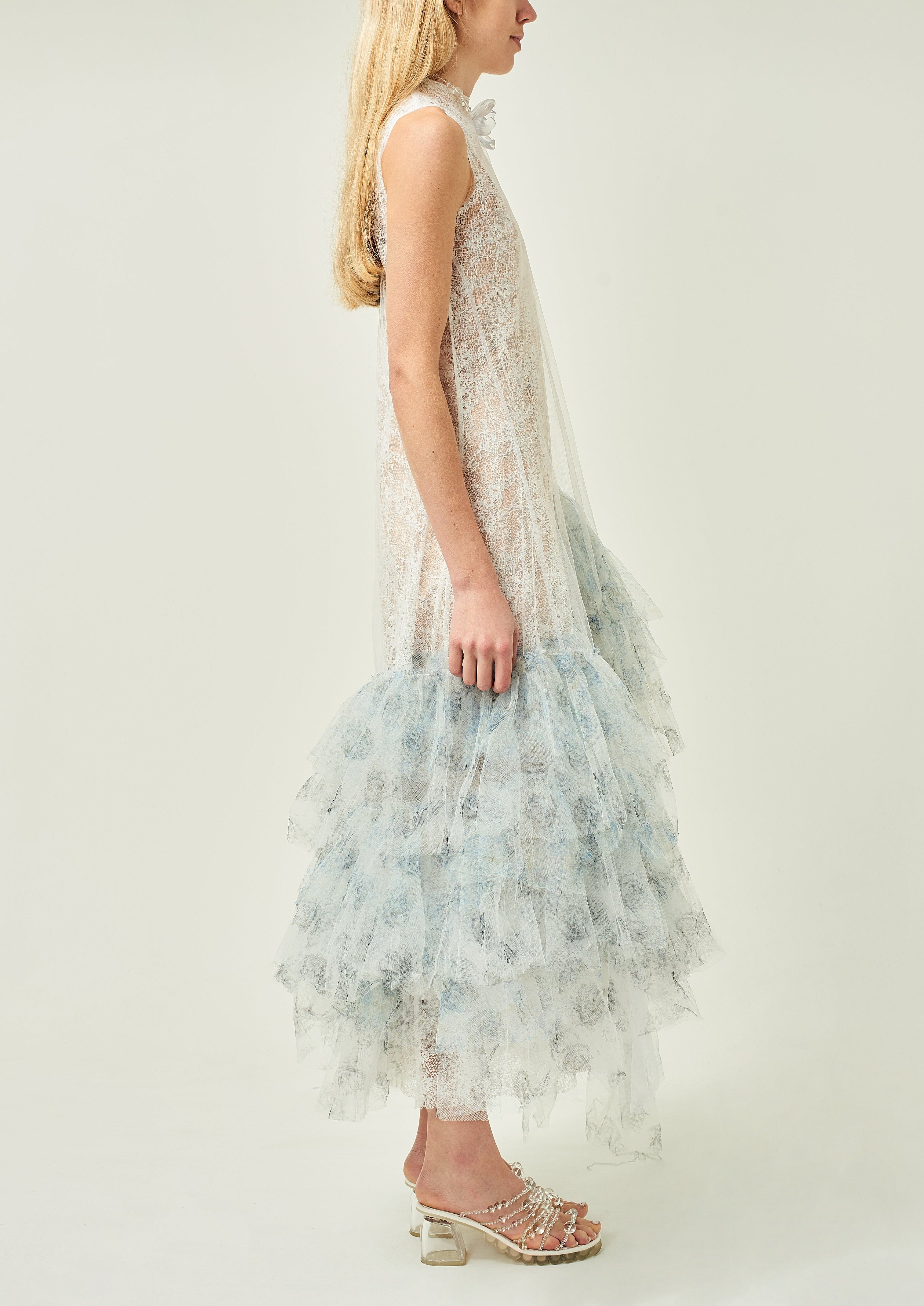 WOMEN HIGHNECK SLEEVELESS WHITE FRILLED LACE EVENING DRESS