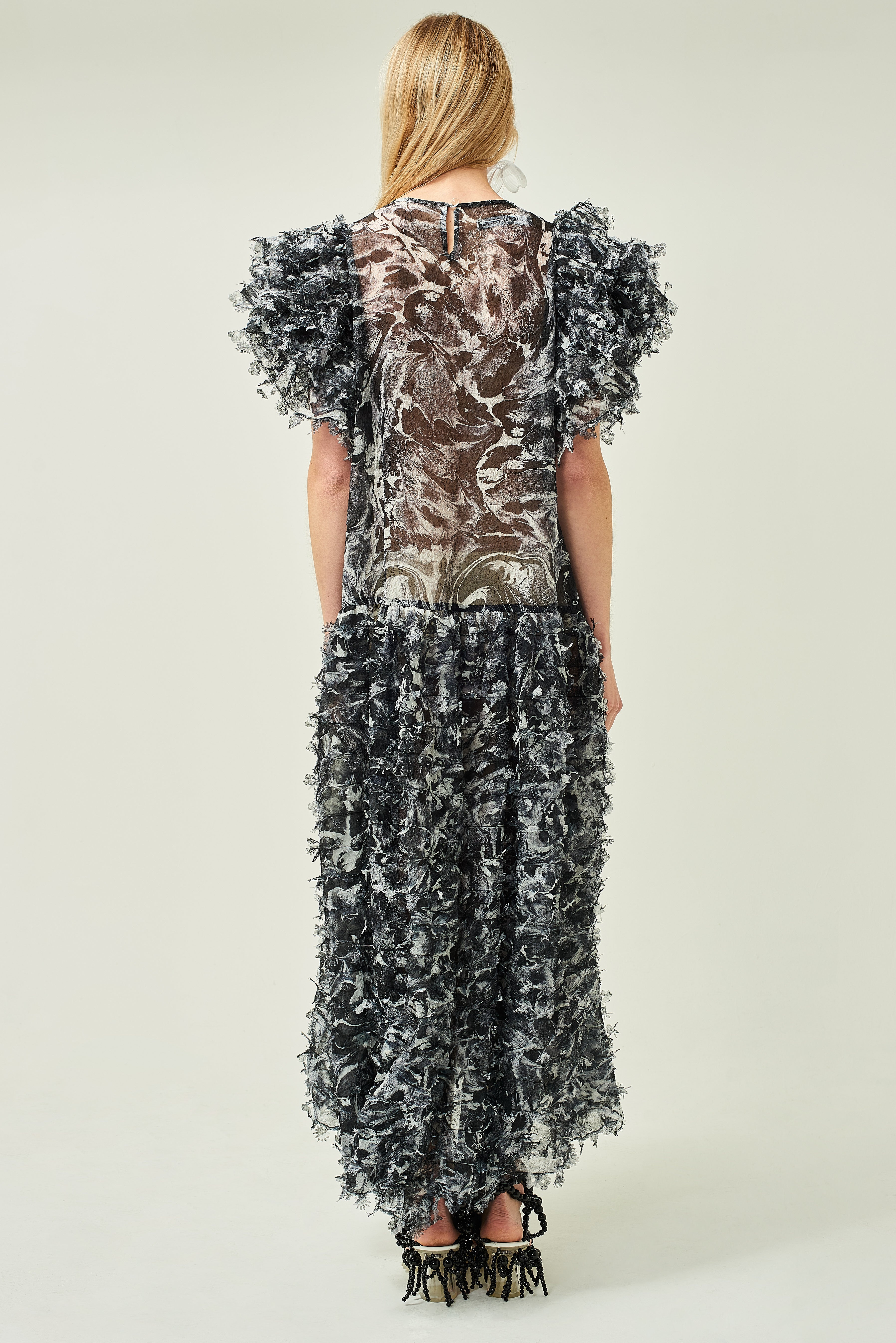WOMEN BLACK MIDI LOOSE FRILLED SLEEVES LASER CUT DRESS