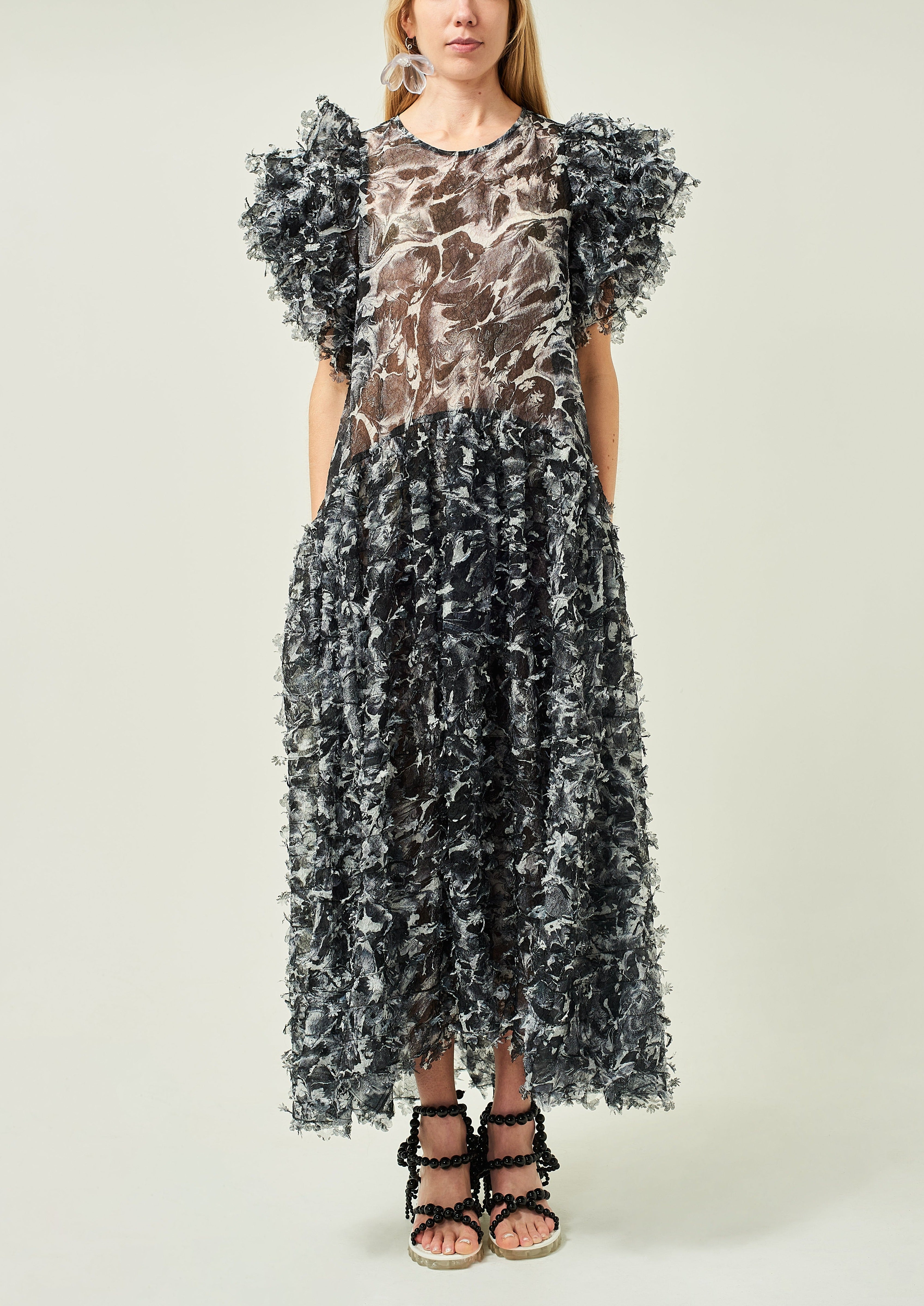 WOMEN BLACK MIDI LOOSE FRILLED SLEEVES LASER CUT DRESS