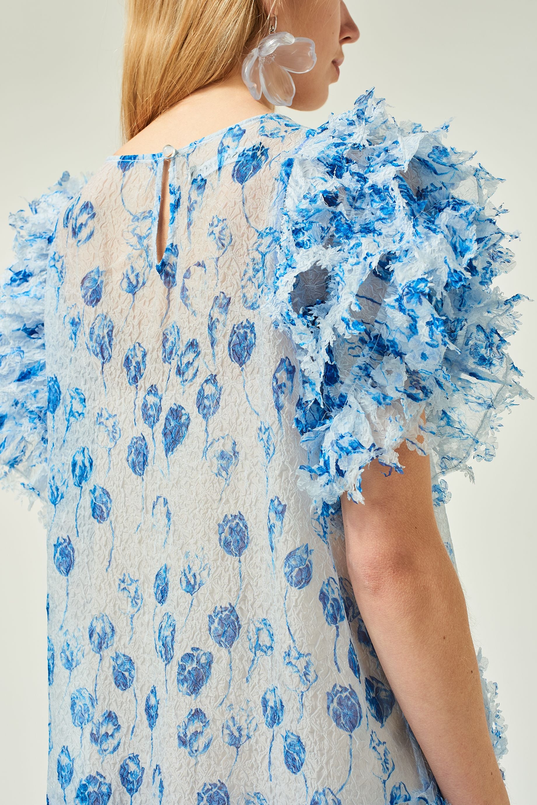WOMEN NAVY MIDI LOOSE FRILLED SLEEVES LASER CUT DRESS