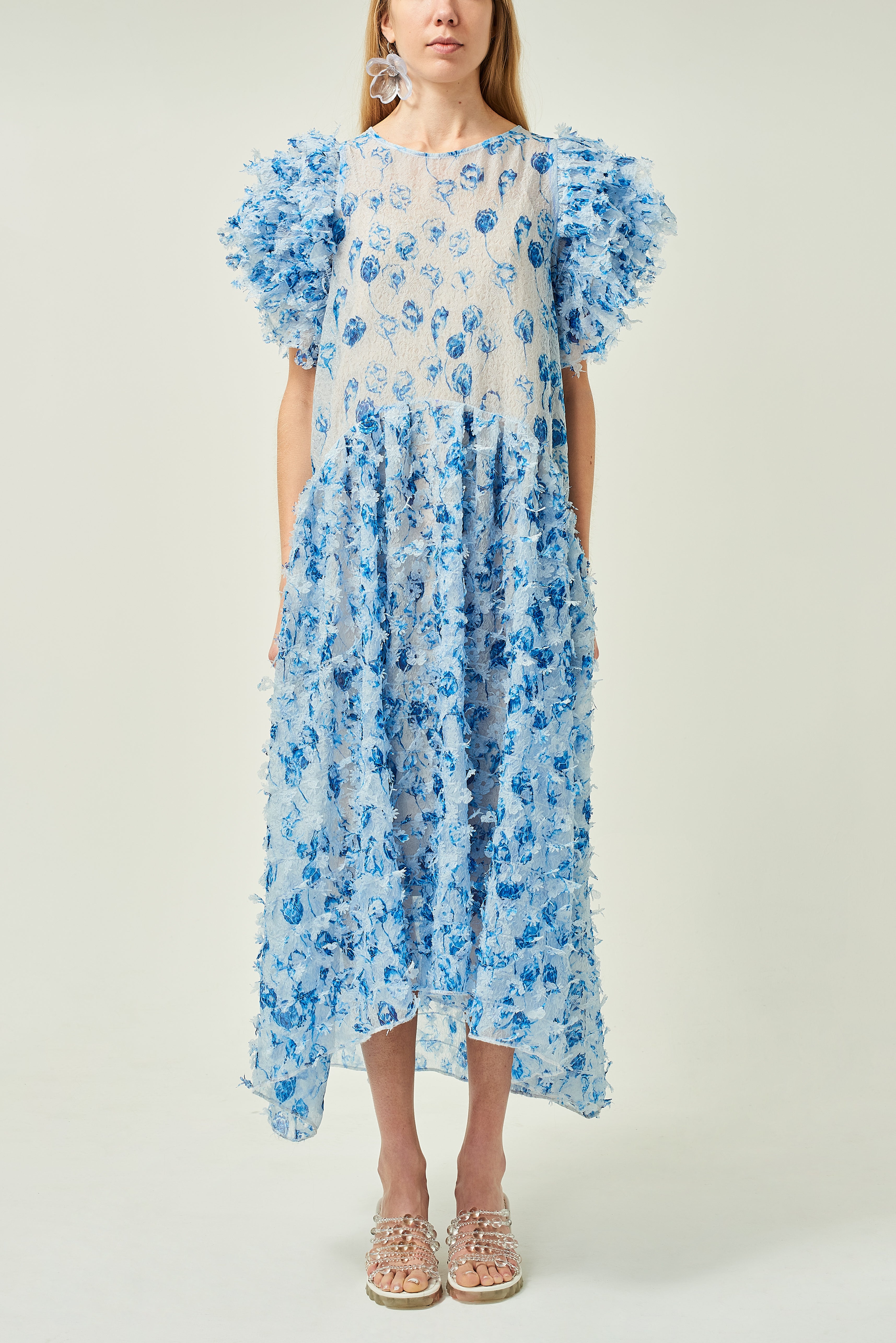 WOMEN NAVY MIDI LOOSE FRILLED SLEEVES LASER CUT DRESS