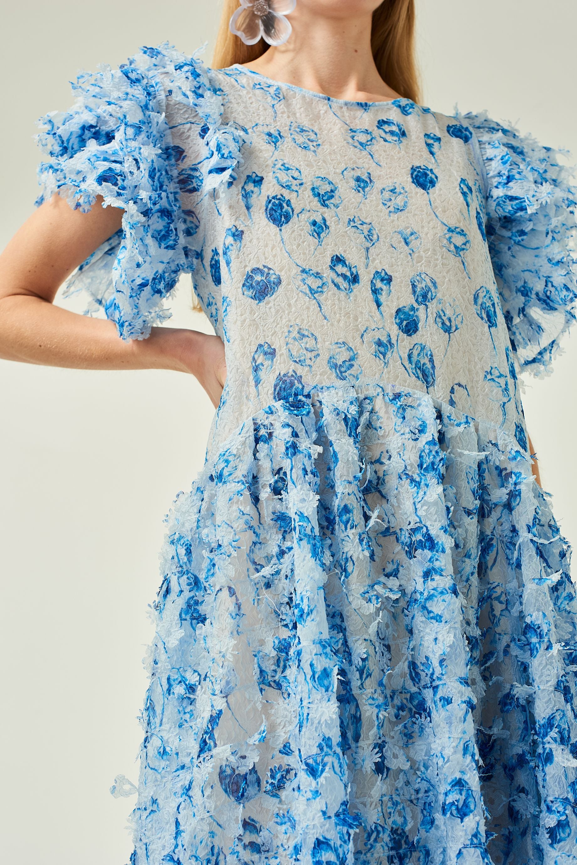 WOMEN NAVY MIDI LOOSE FRILLED SLEEVES LASER CUT DRESS