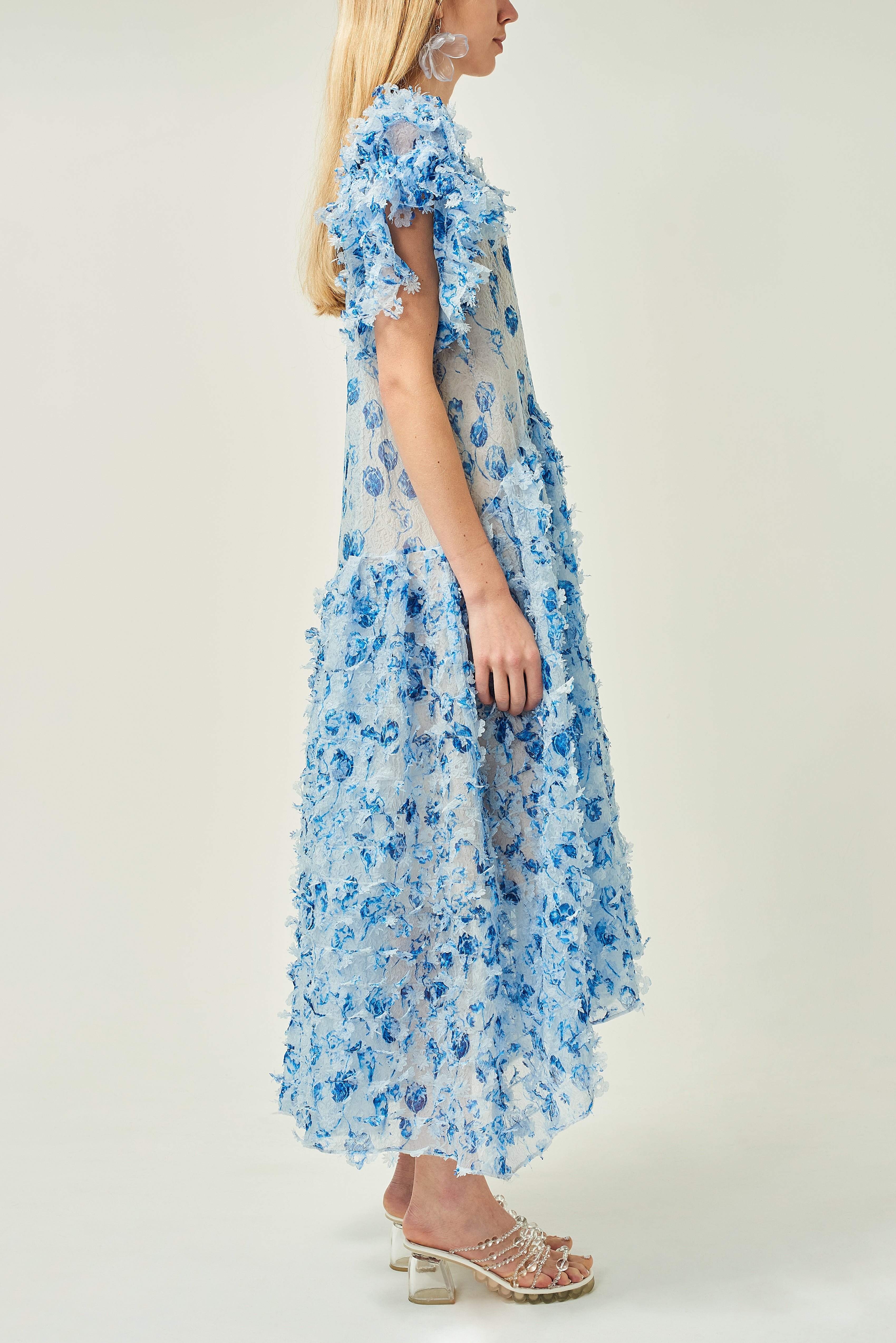 WOMEN NAVY MIDI LOOSE FRILLED SLEEVES LASER CUT DRESS