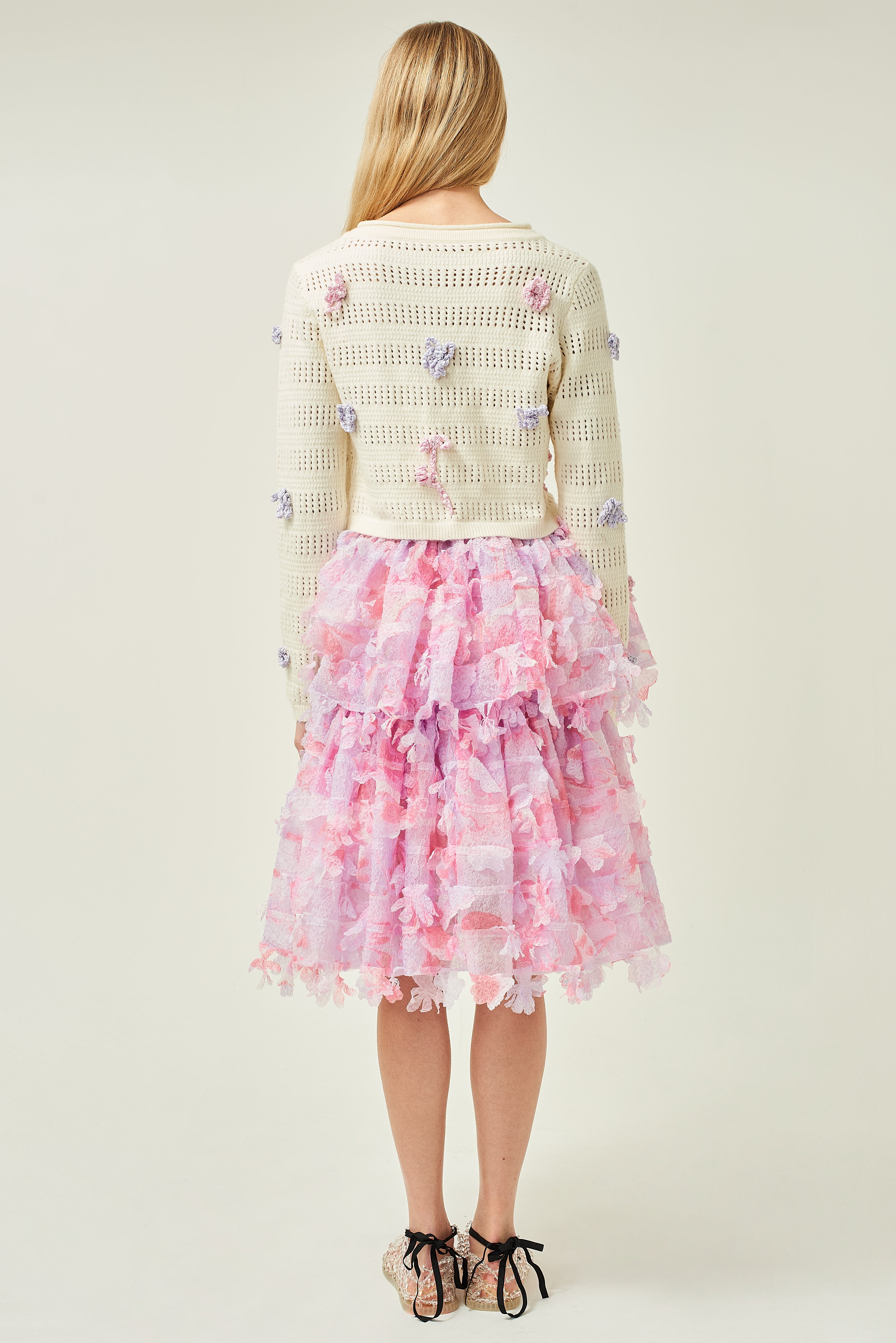 WOMEN PINK MIDI RUFFLE LASER CUT SKIRT