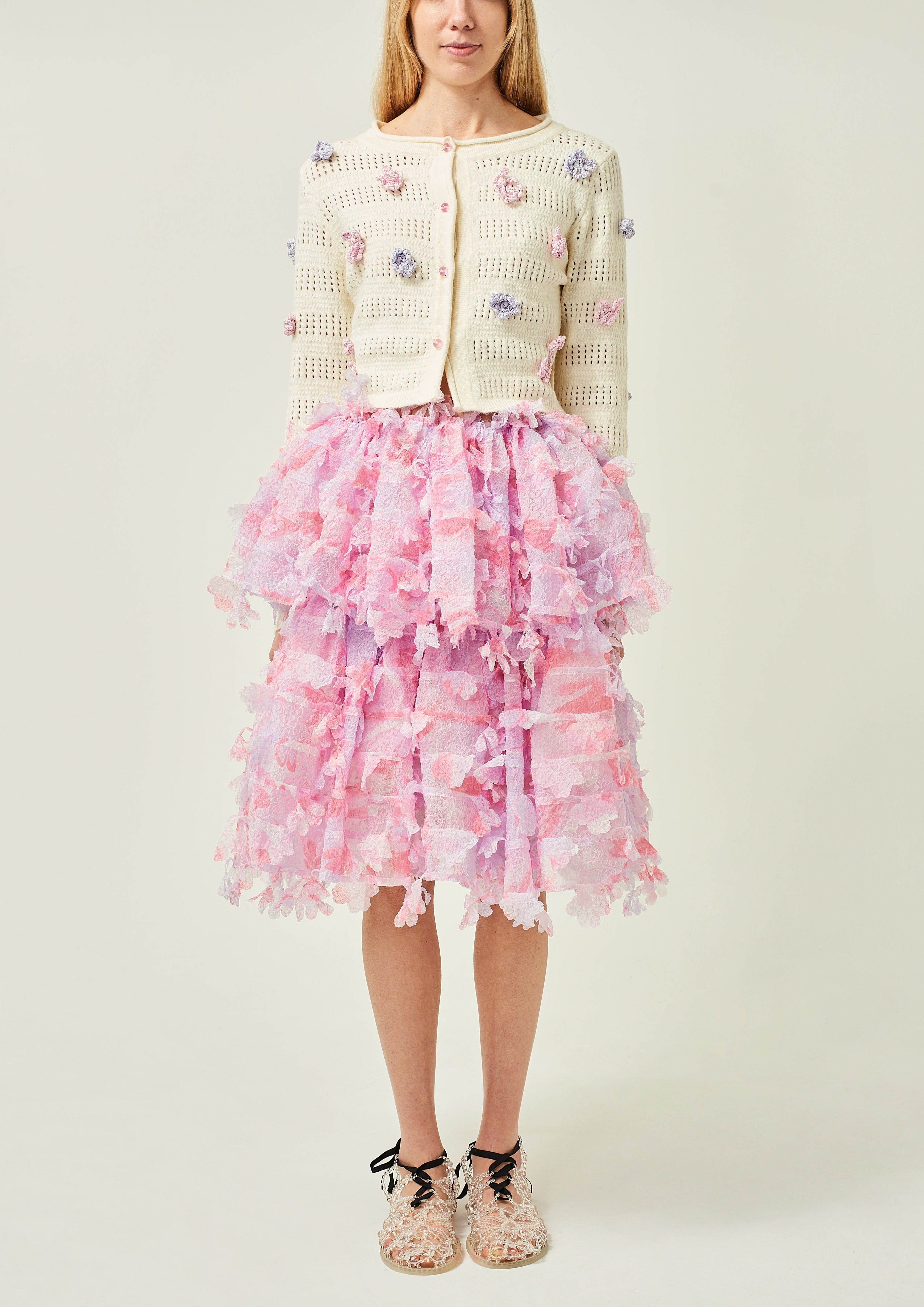 WOMEN PINK MIDI RUFFLE LASER CUT SKIRT