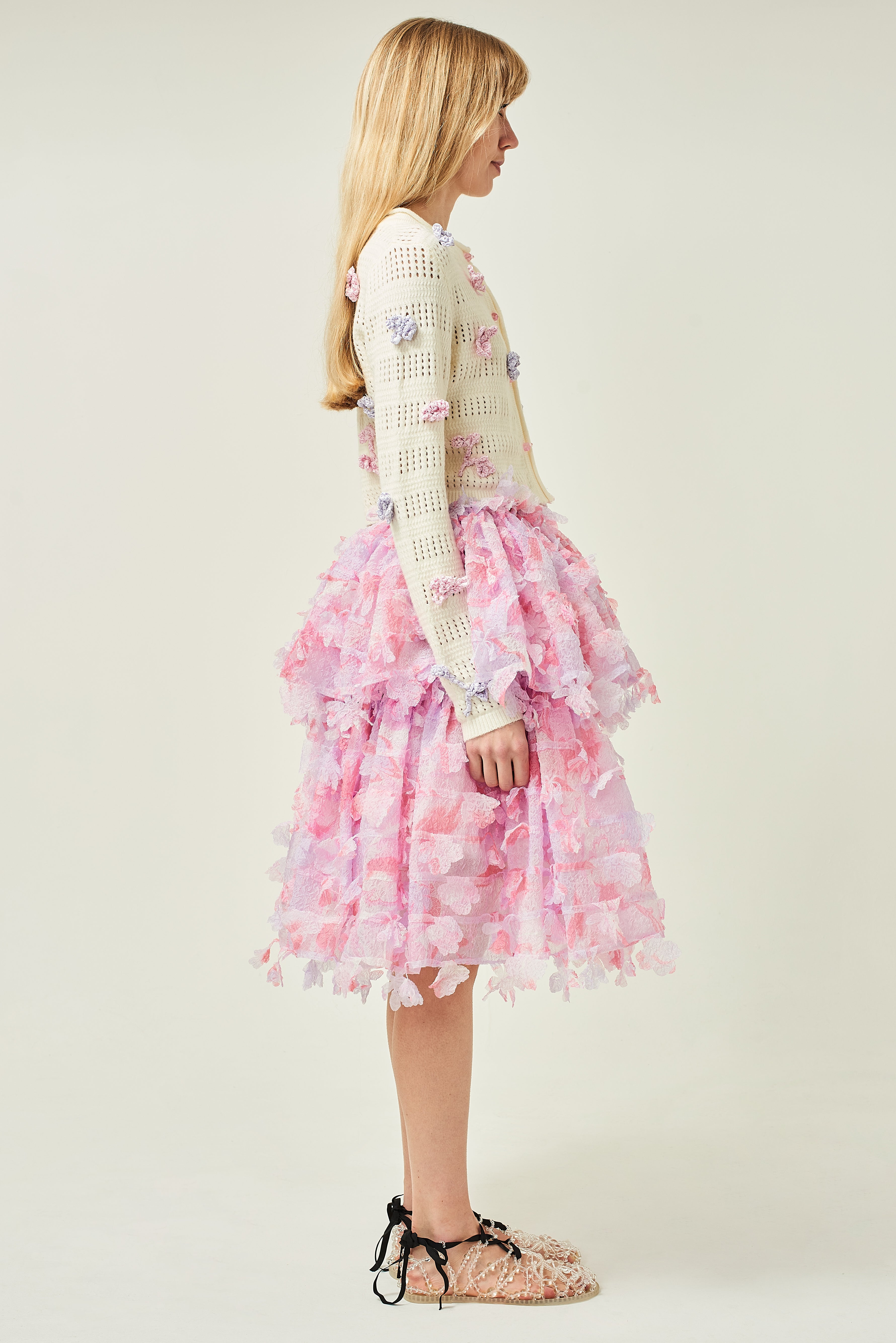 WOMEN PINK MIDI RUFFLE LASER CUT SKIRT
