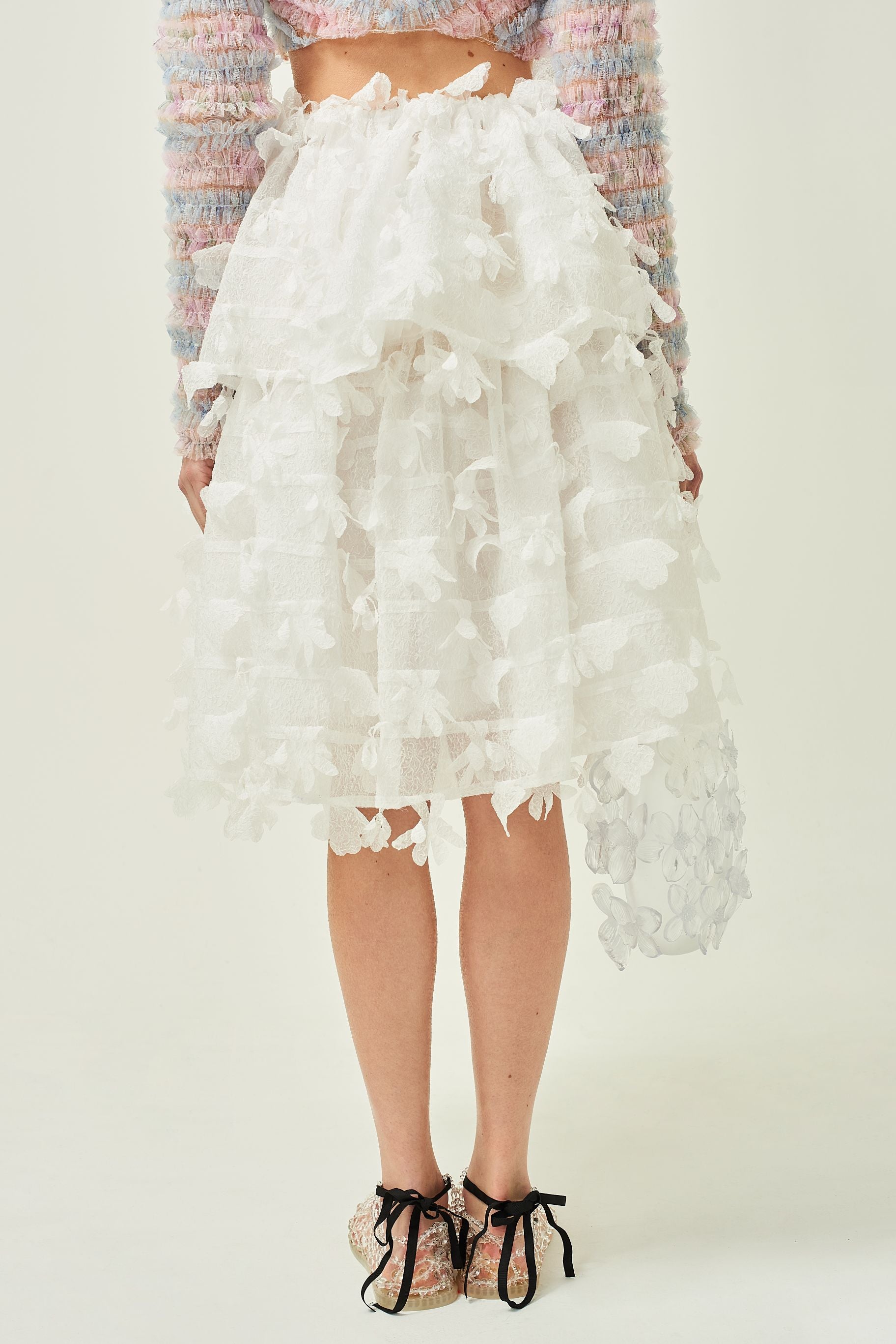 WOMEN WHITE MIDI RUFFLE LASER CUT SKIRT