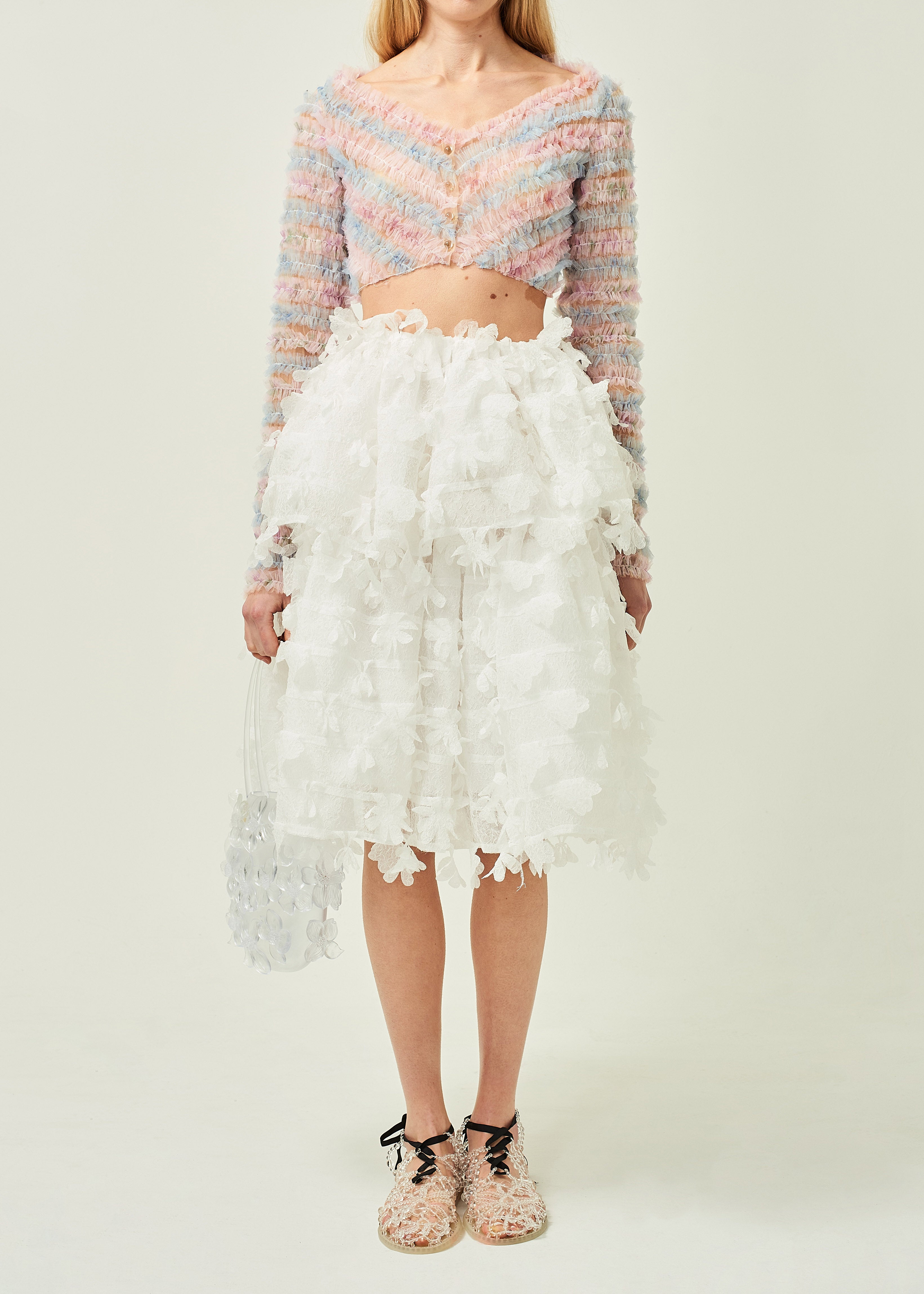 WOMEN WHITE MIDI RUFFLE LASER CUT SKIRT