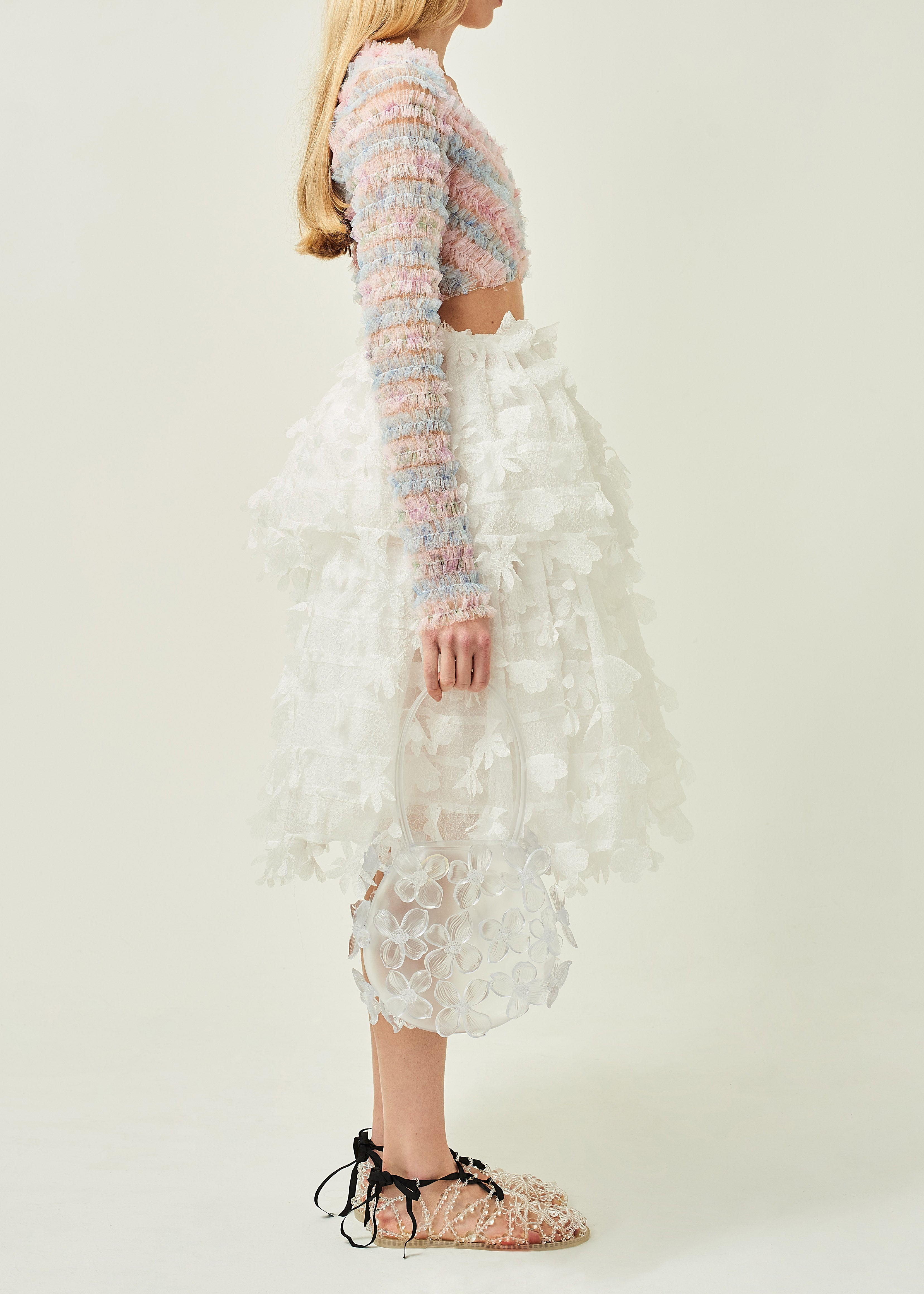 WOMEN WHITE MIDI RUFFLE LASER CUT SKIRT