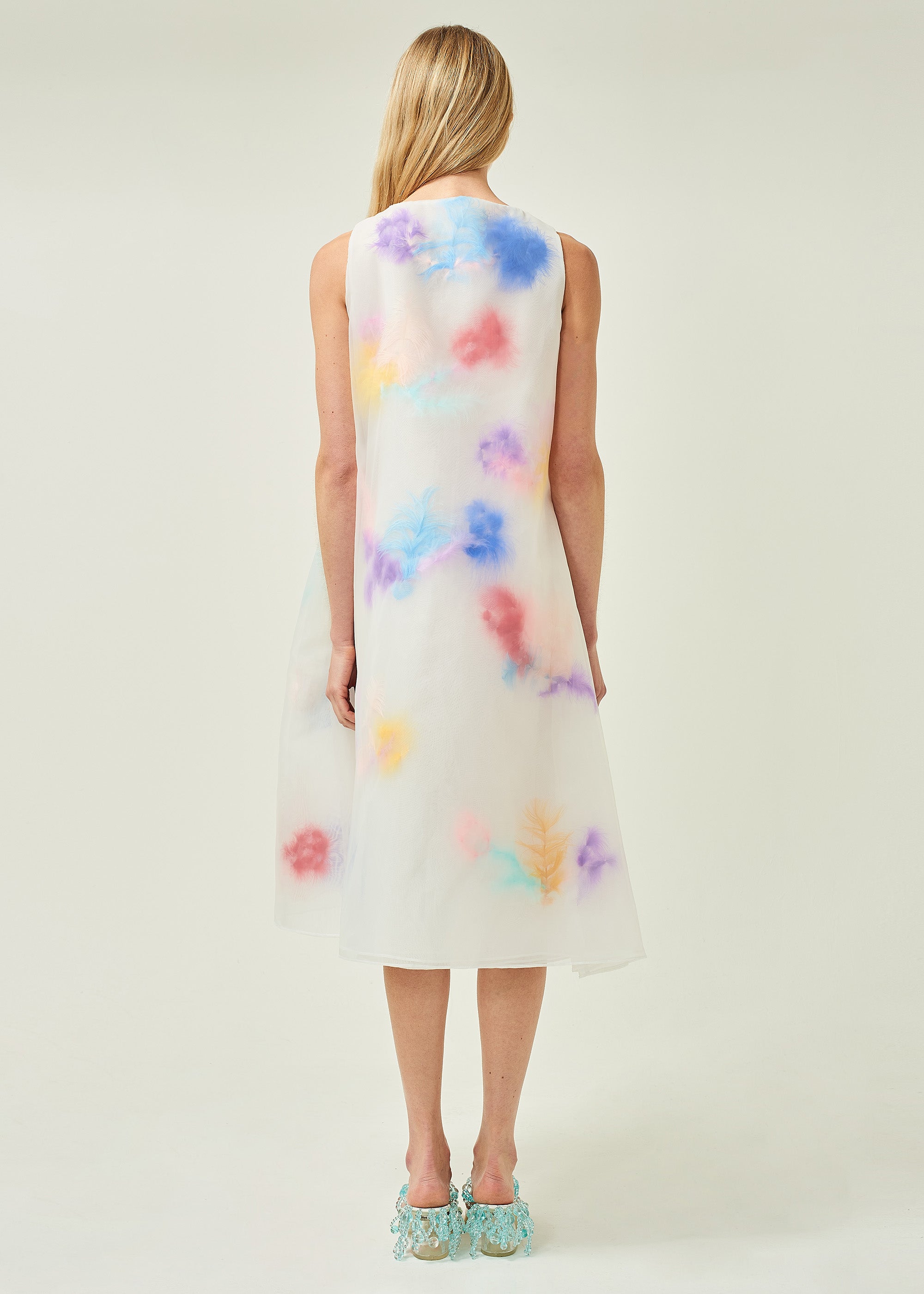 WOMEN MIDI LONG STYLE LAYERED FEATHER ORGANZA DRESS PASTEL WHITE