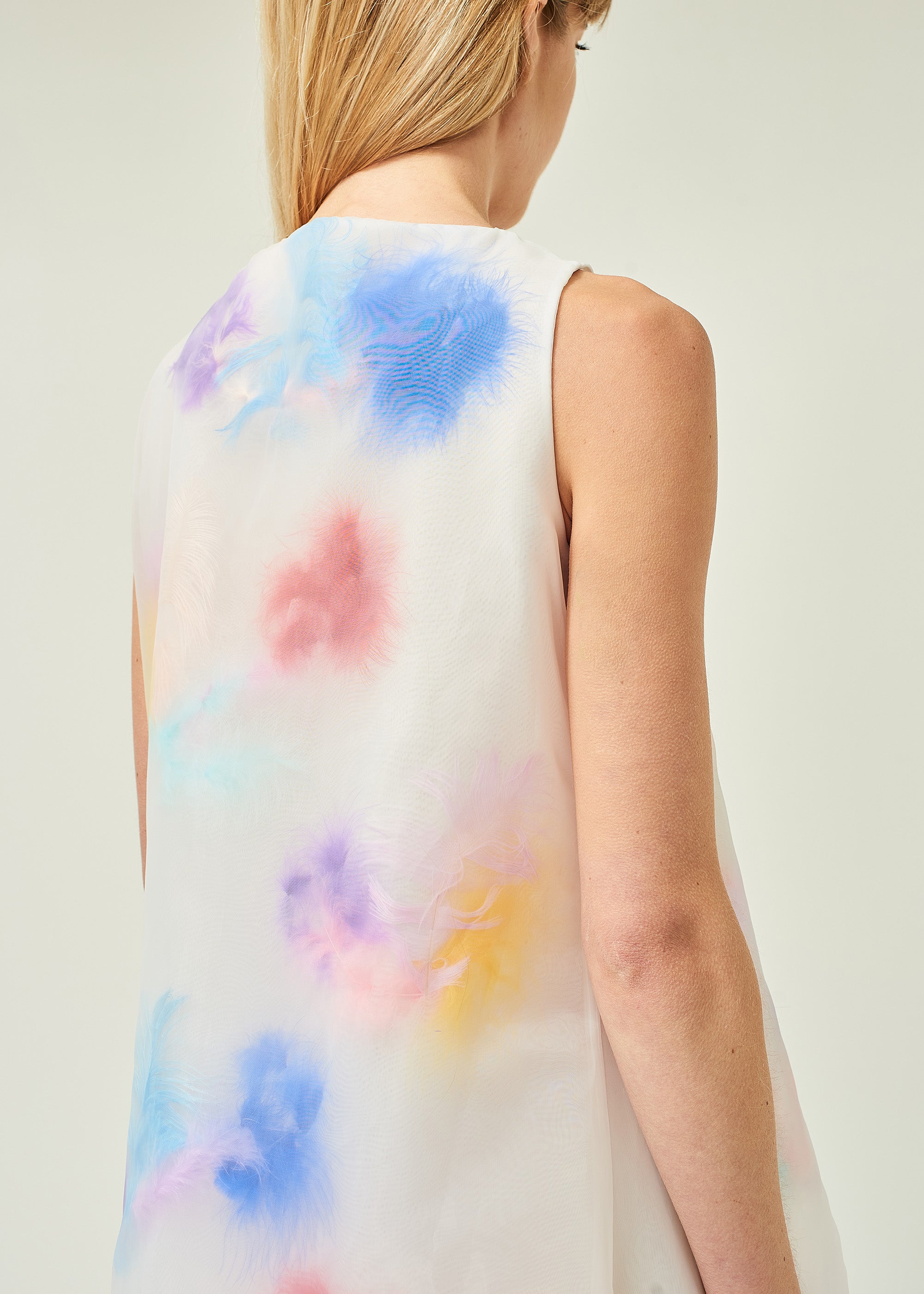 WOMEN MIDI LONG STYLE LAYERED FEATHER ORGANZA DRESS PASTEL WHITE