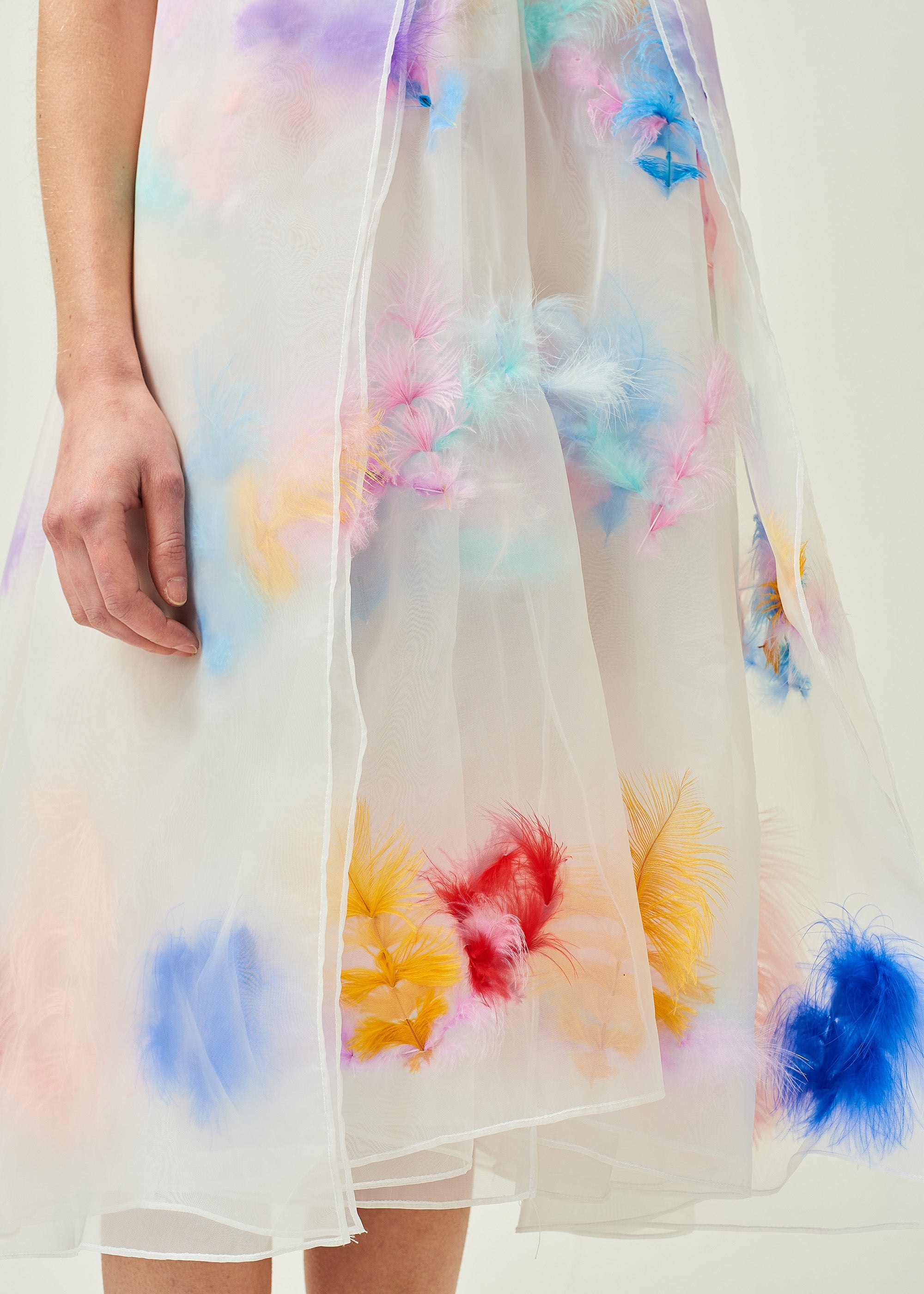 WOMEN MIDI LONG STYLE LAYERED FEATHER ORGANZA DRESS PASTEL WHITE