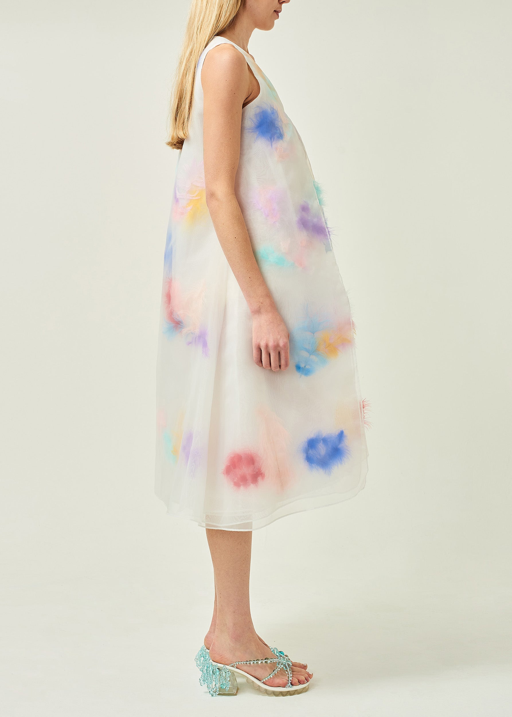 WOMEN MIDI LONG STYLE LAYERED FEATHER ORGANZA DRESS PASTEL WHITE