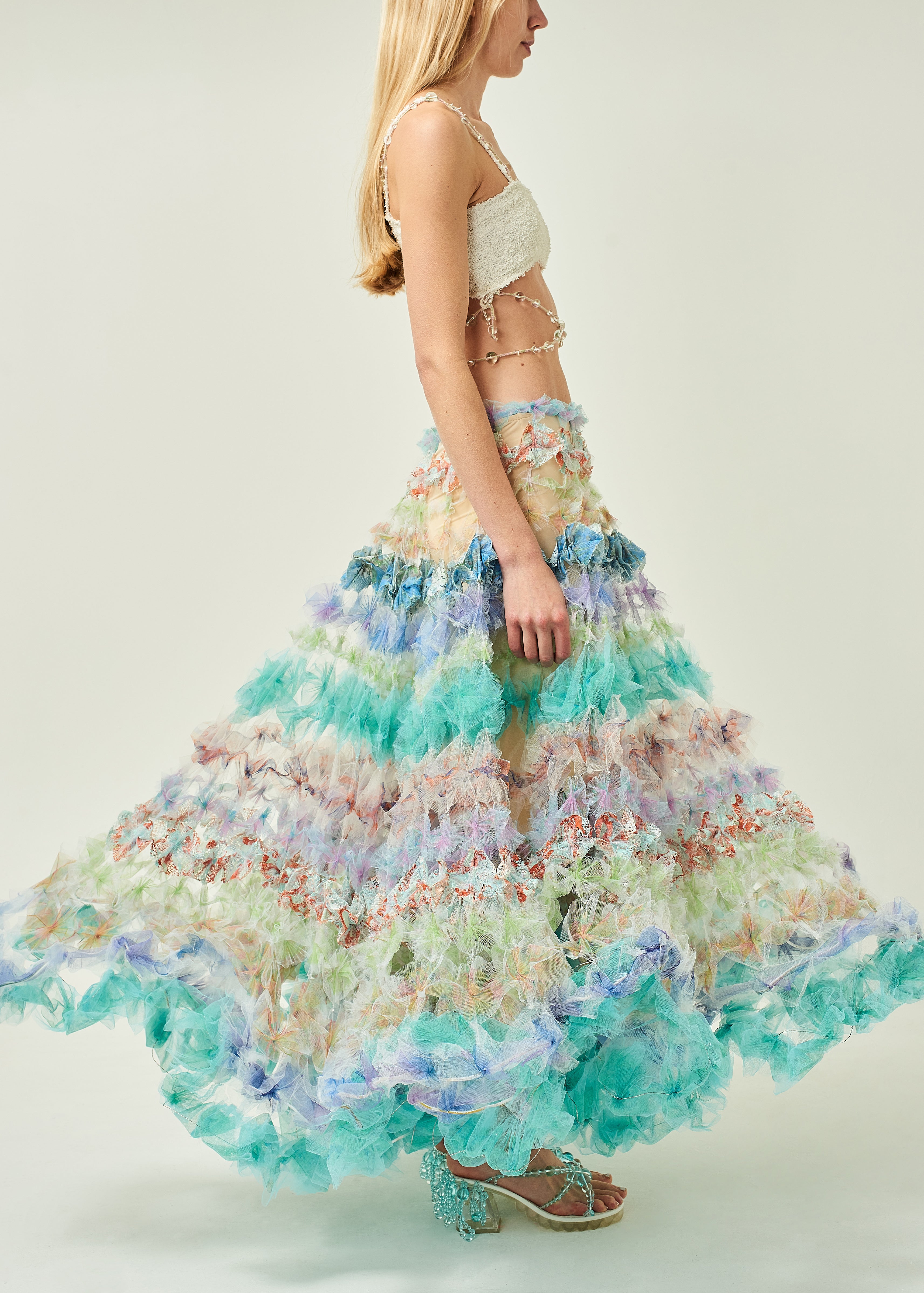 WOMEN LONG PASTEL GREEN MEGA AIR FLOWER SKIRT