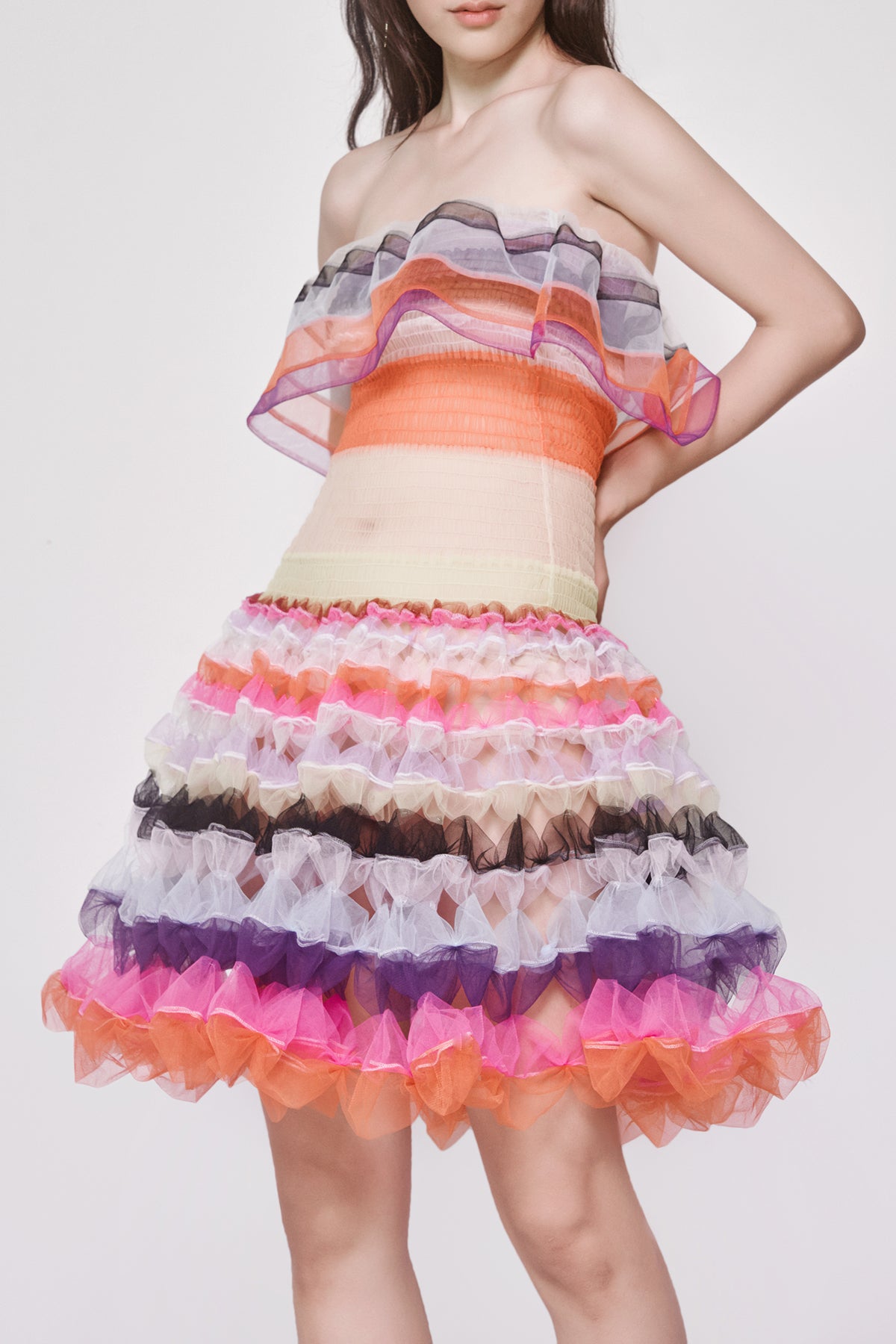 WOMEN GIRL SLEEVELESS BRIGHT STYLE MULTI COLOUR AIR RIBBON SHIRRED MINI DRESS