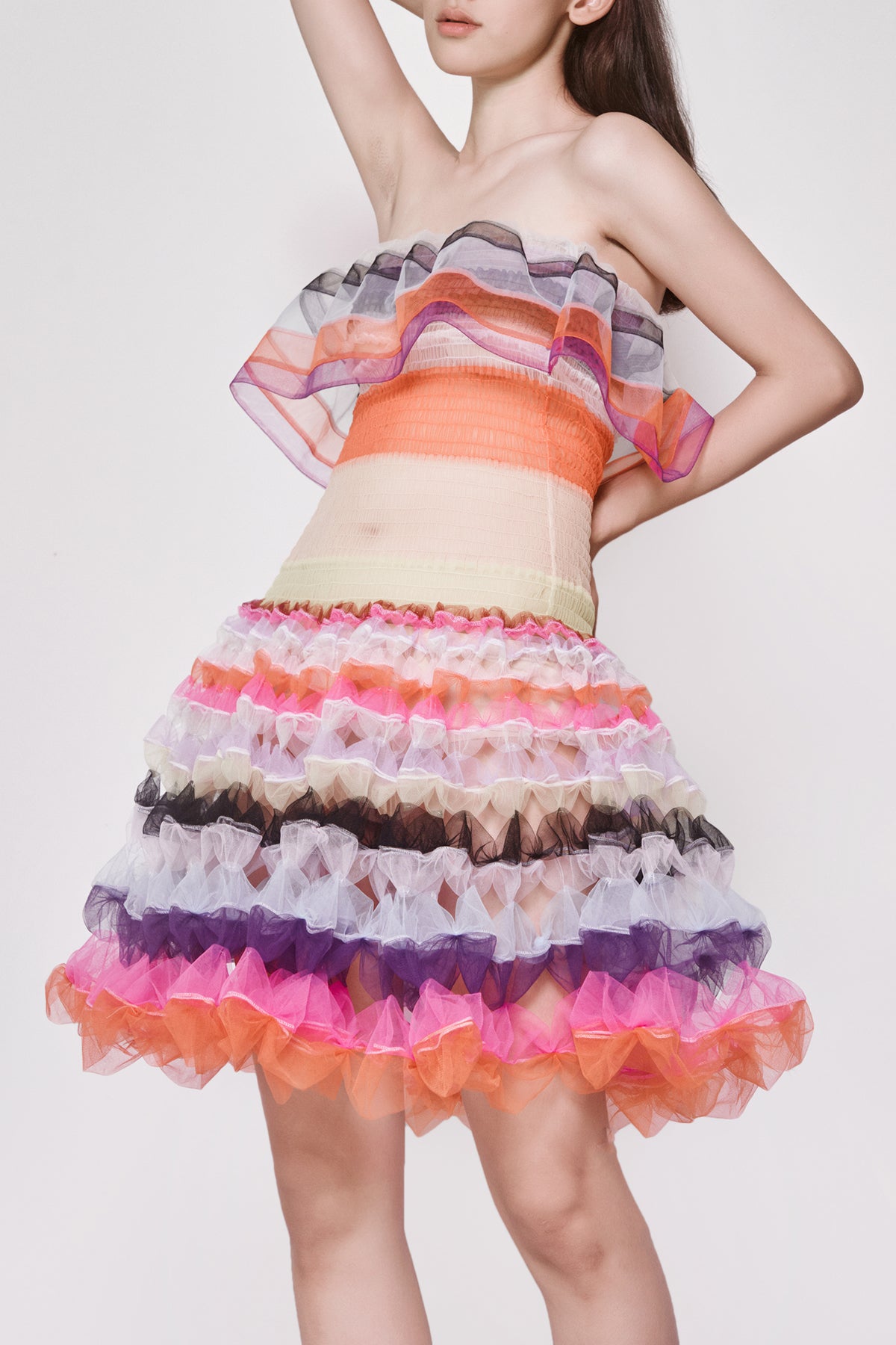 WOMEN GIRL SLEEVELESS BRIGHT STYLE MULTI COLOUR AIR RIBBON SHIRRED MINI DRESS