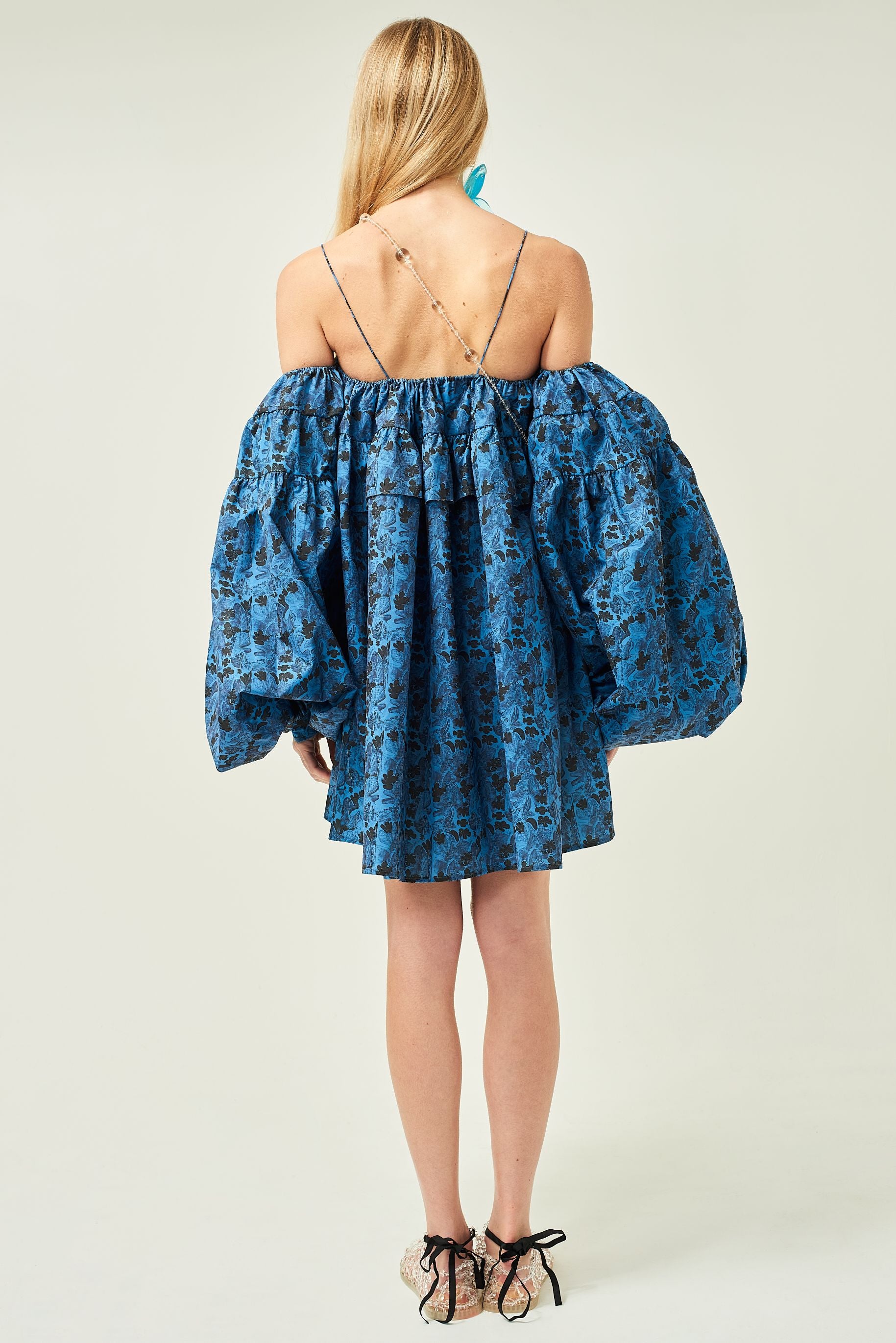 WOMEN SHORT MINI STYLE OFF SHOULDER POPLIN DRESS BLUE